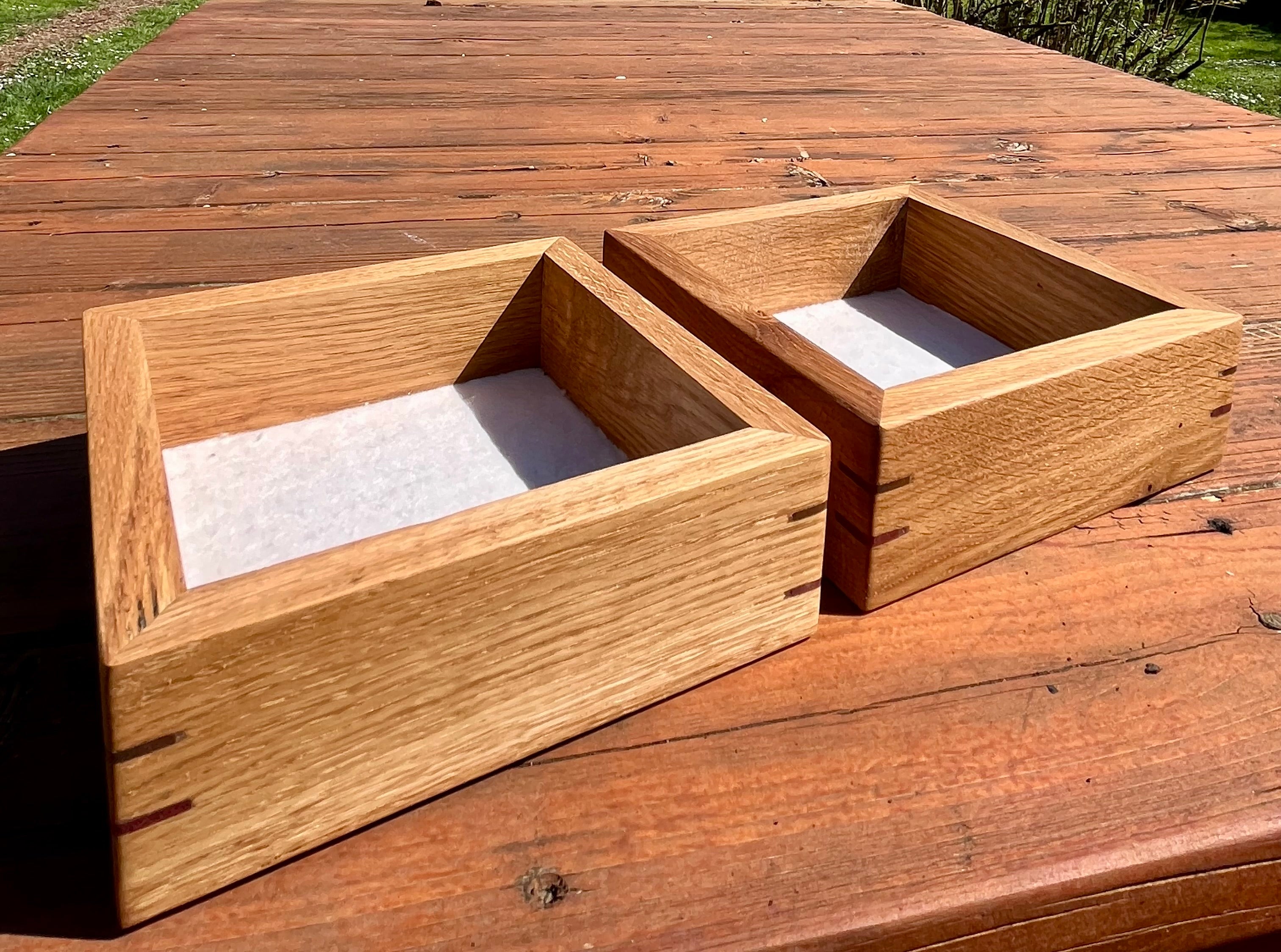 Rustic Oak Jewelry Storage Boxes – Set of 2 with Walnut & Purpleheart Detail