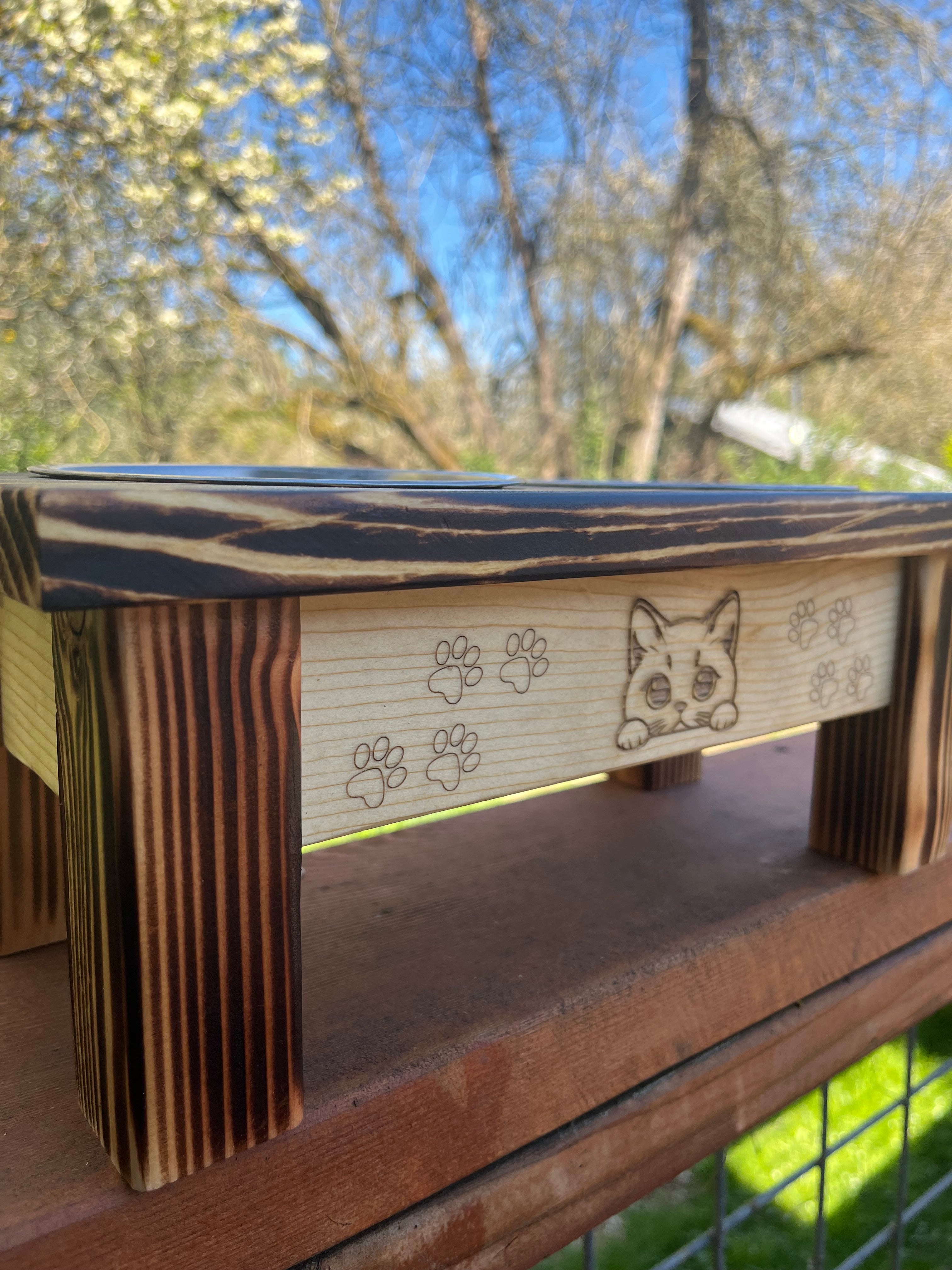 Handcrafted Elevated Cat Feeder – Burned Wood with Dual Bowls & Engraved Detail