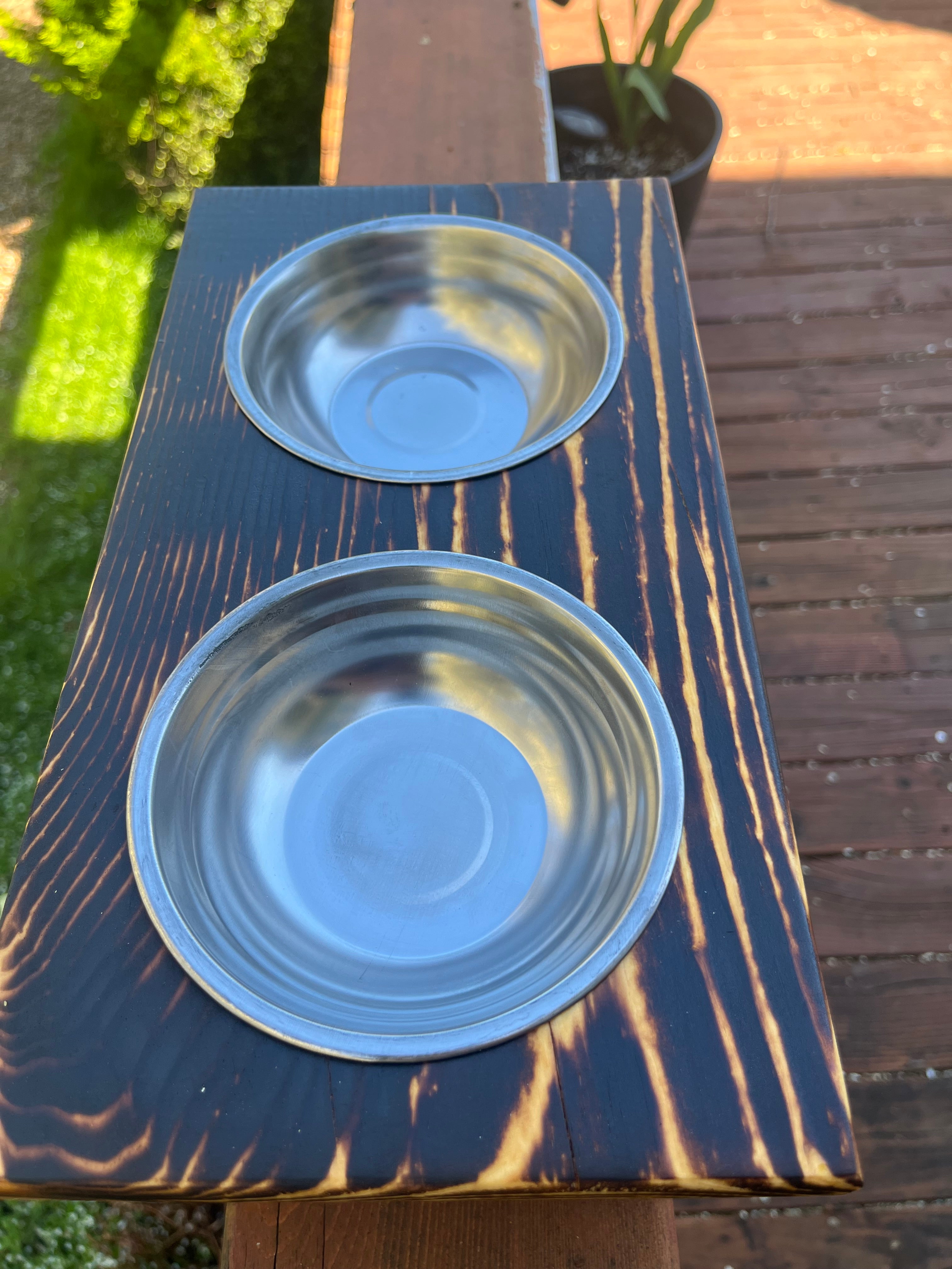 Handcrafted Elevated Cat Feeder – Burned Wood with Dual Bowls & Engraved Detail