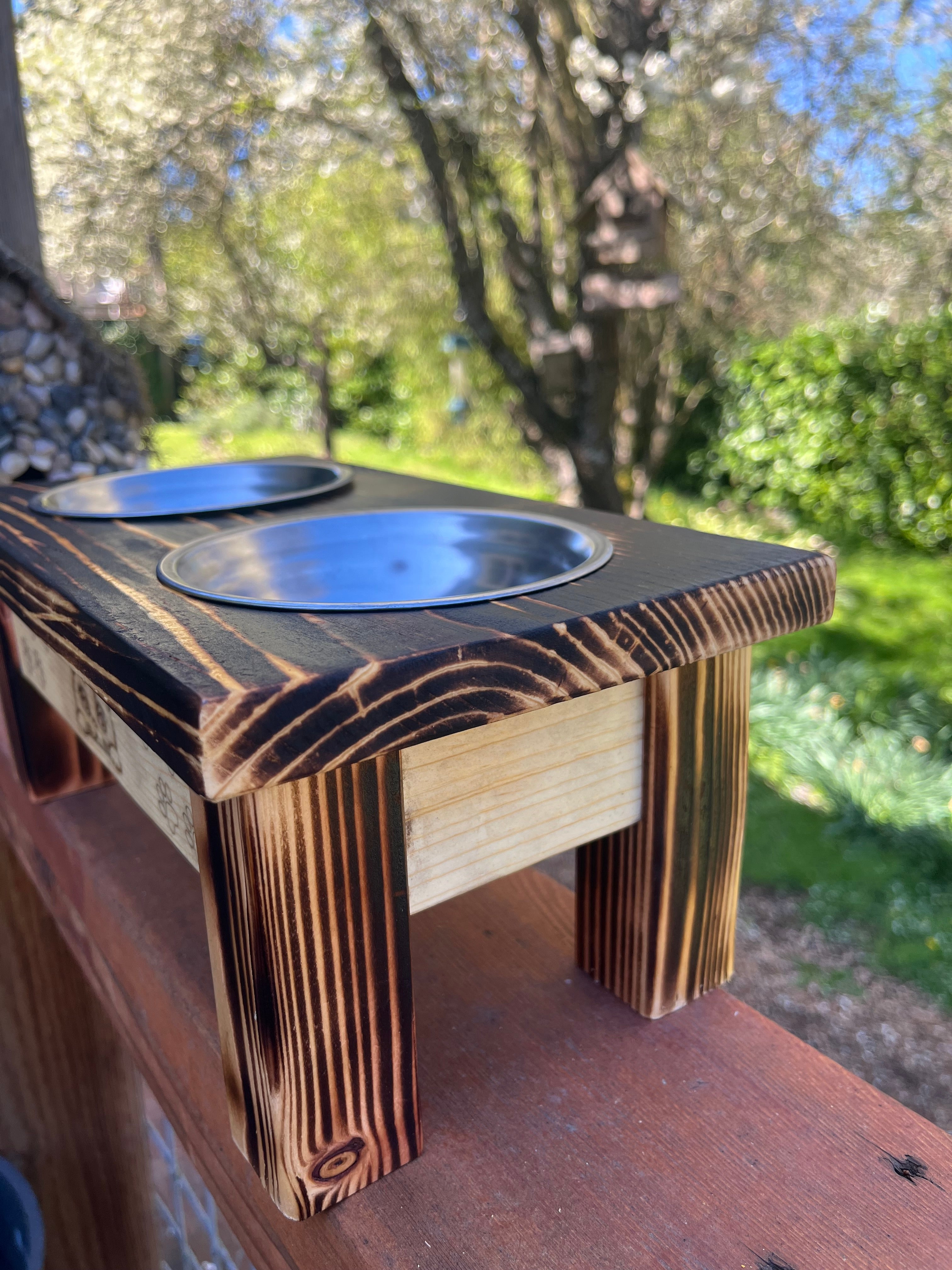 Handcrafted Elevated Cat Feeder – Burned Wood with Dual Bowls & Engraved Detail