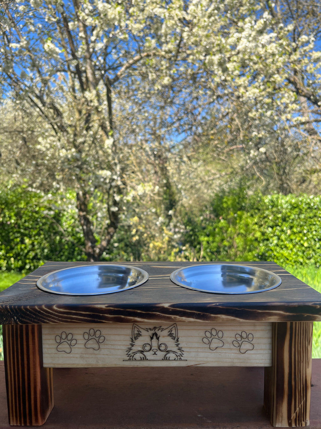 Cute Elevated Cat Feeder – Engraved Kittens, Paw Prints & Rustic Wood Design