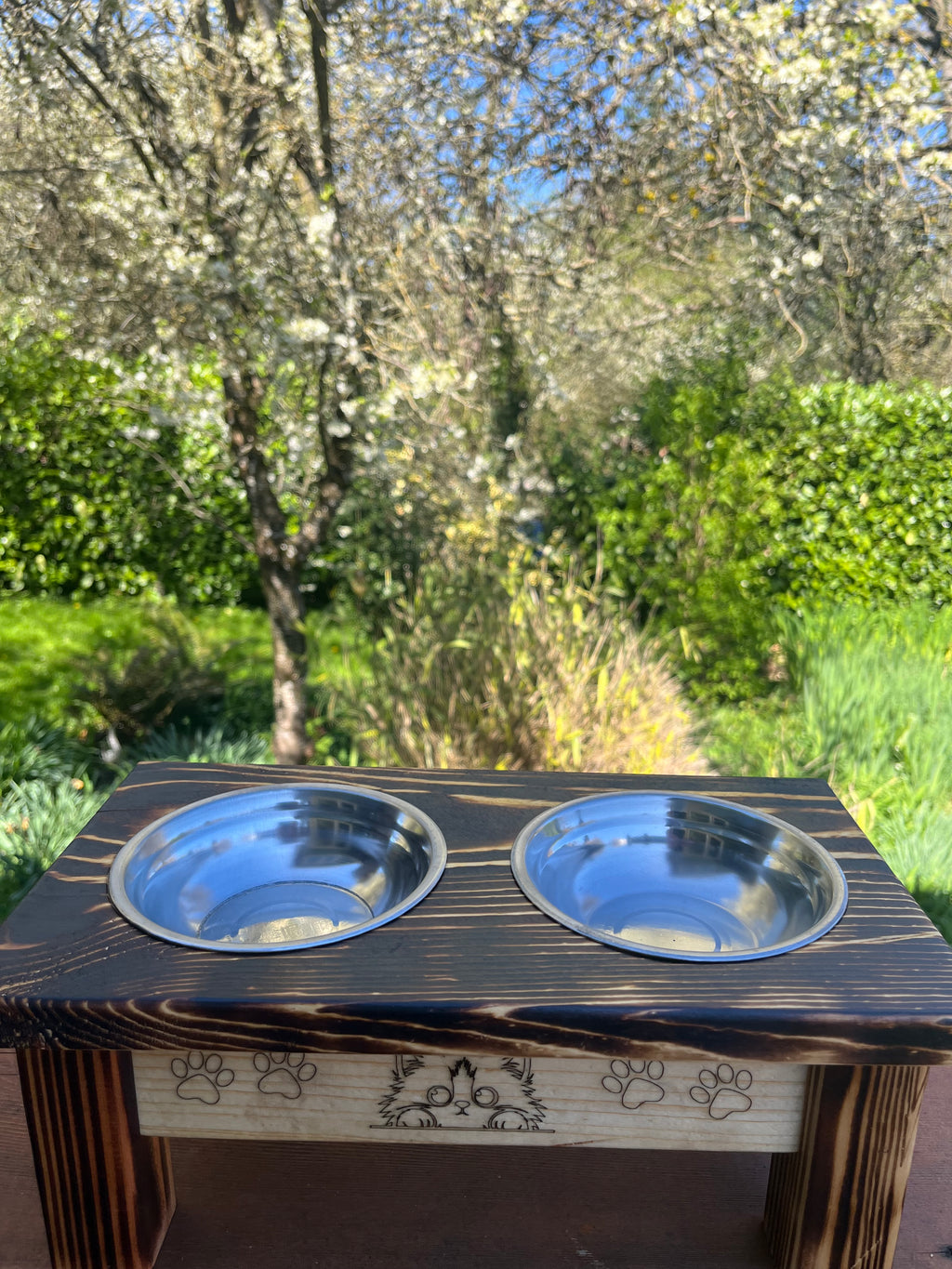 Cute Elevated Cat Feeder – Engraved Kittens, Paw Prints & Rustic Wood Design