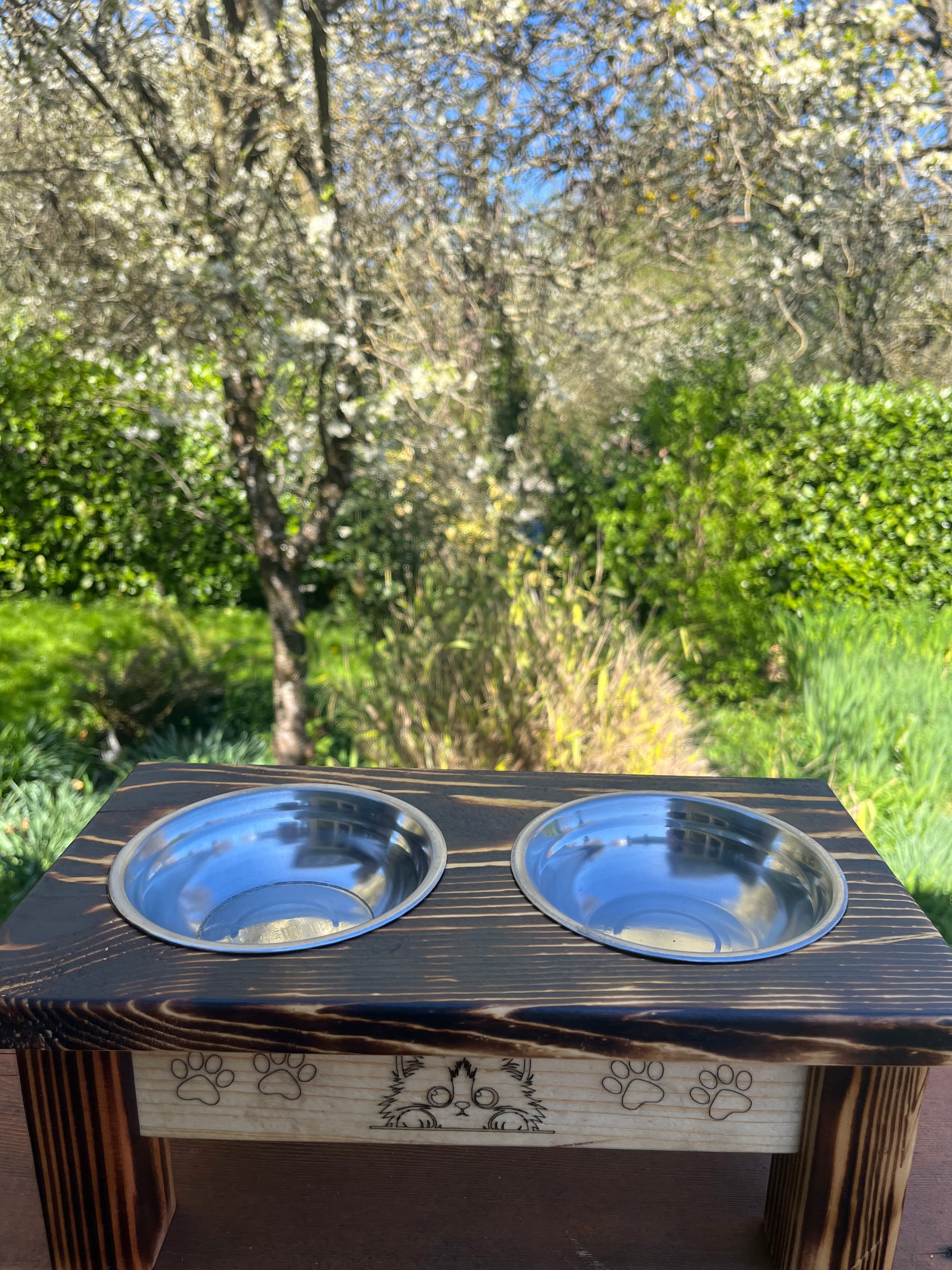 Cute Elevated Cat Feeder – Engraved Kittens, Paw Prints & Rustic Wood Design