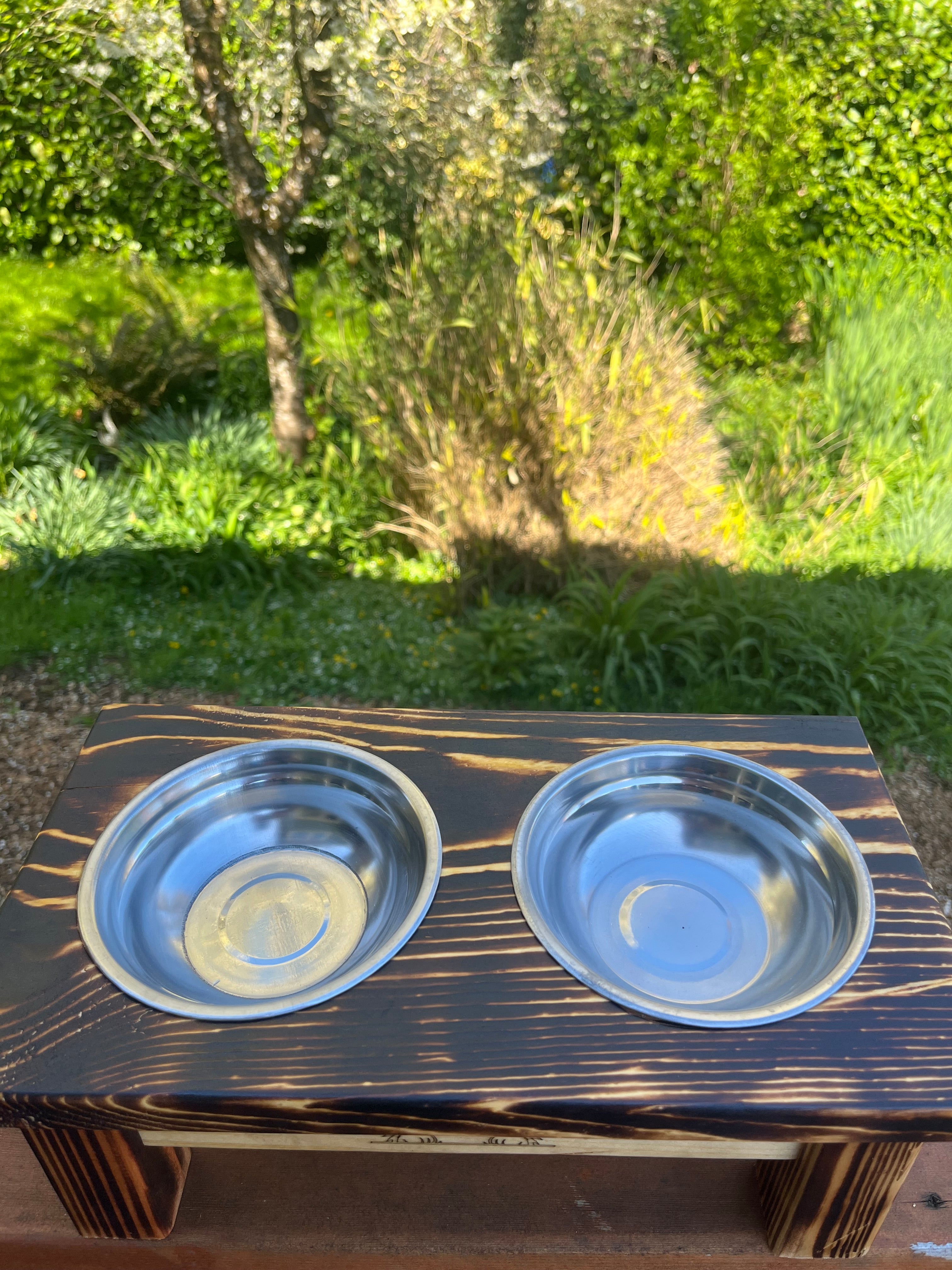Cute Elevated Cat Feeder – Engraved Kittens, Paw Prints & Rustic Wood Design