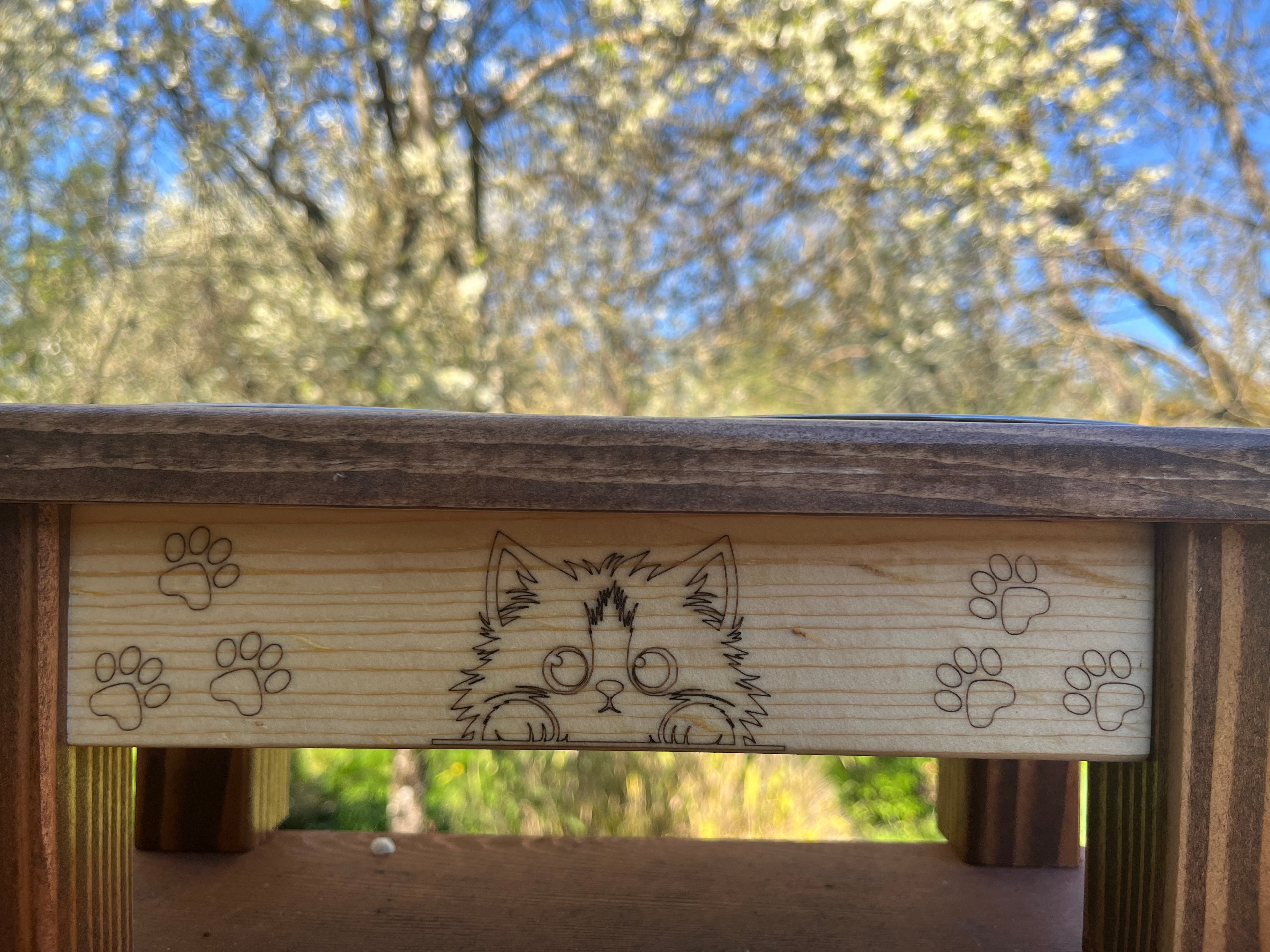 Elevated Cat Feeder – Light American Stain with Engraved Kitten Design