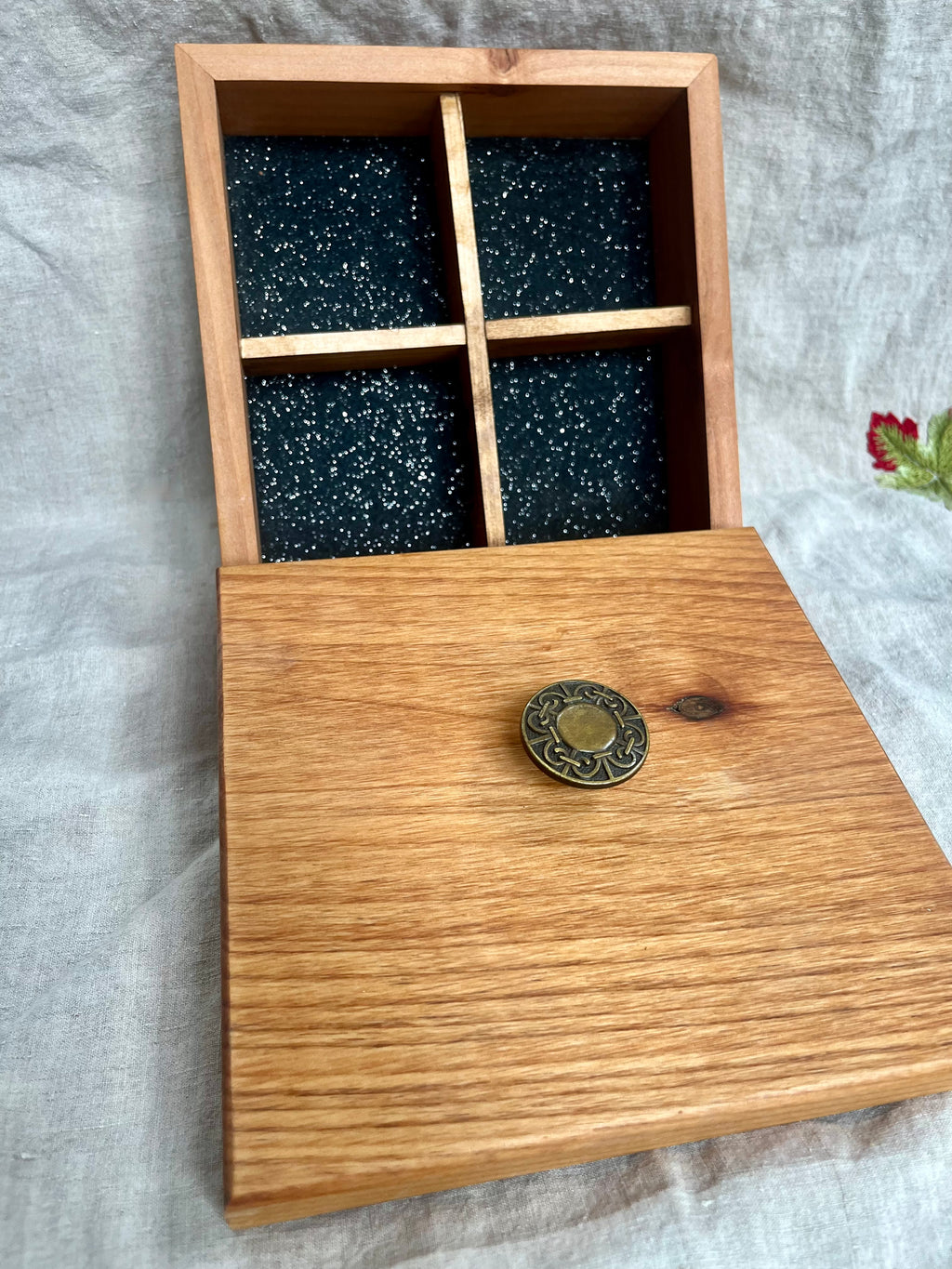Reclaimed Cherry Wood Jewelry Box: Vintage Handle, Cedar Dividers
