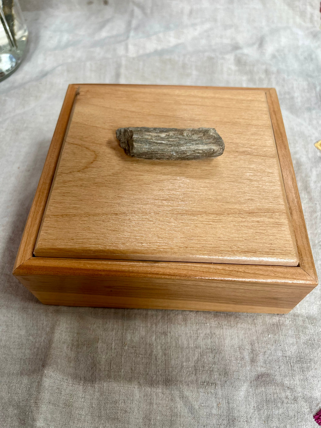 Apple Wood Jewelry Box with Petrified Wood Lid: Green Felt Lined