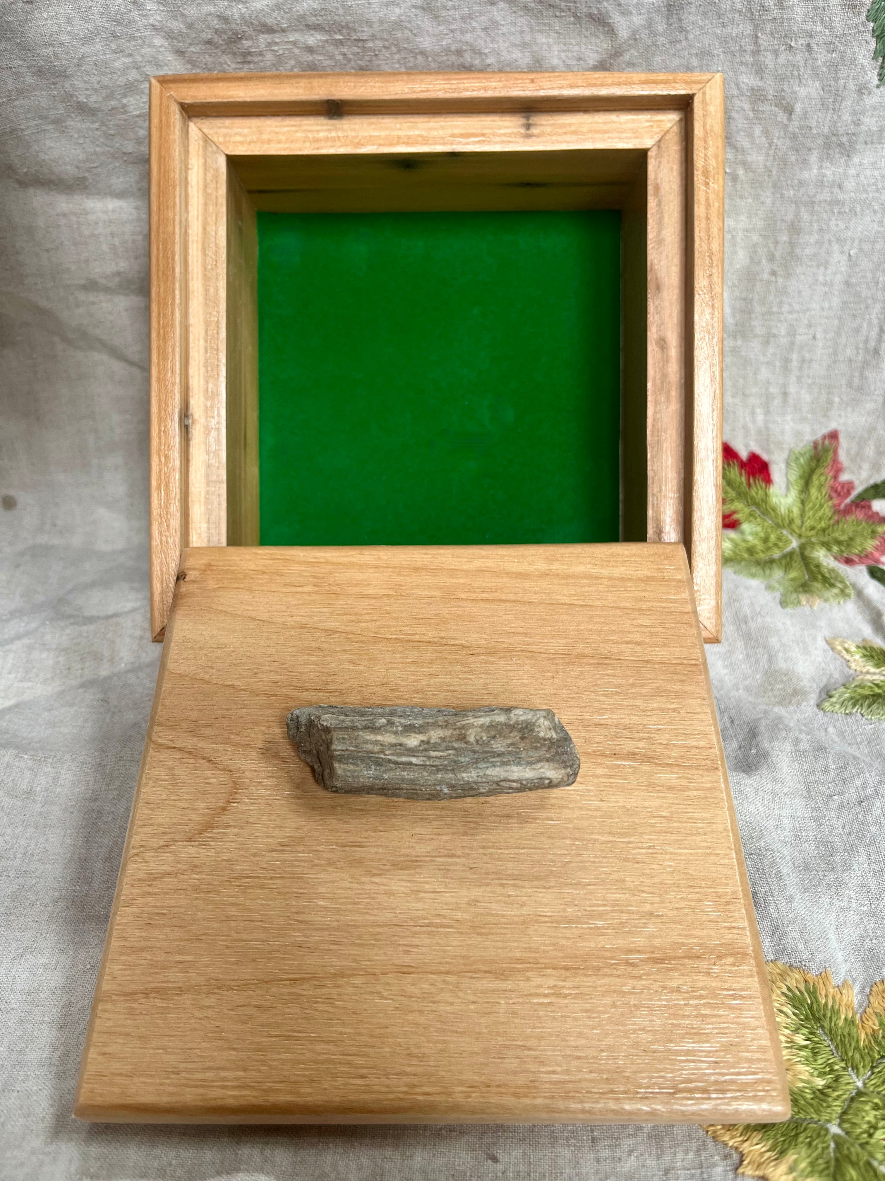 Apple Wood Jewelry Box with Petrified Wood Lid: Green Felt Lined