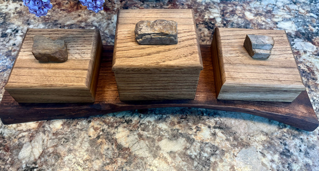 Oak 3-Box Set: Petrified Wood Pulls, Live-Edge Alder Tray