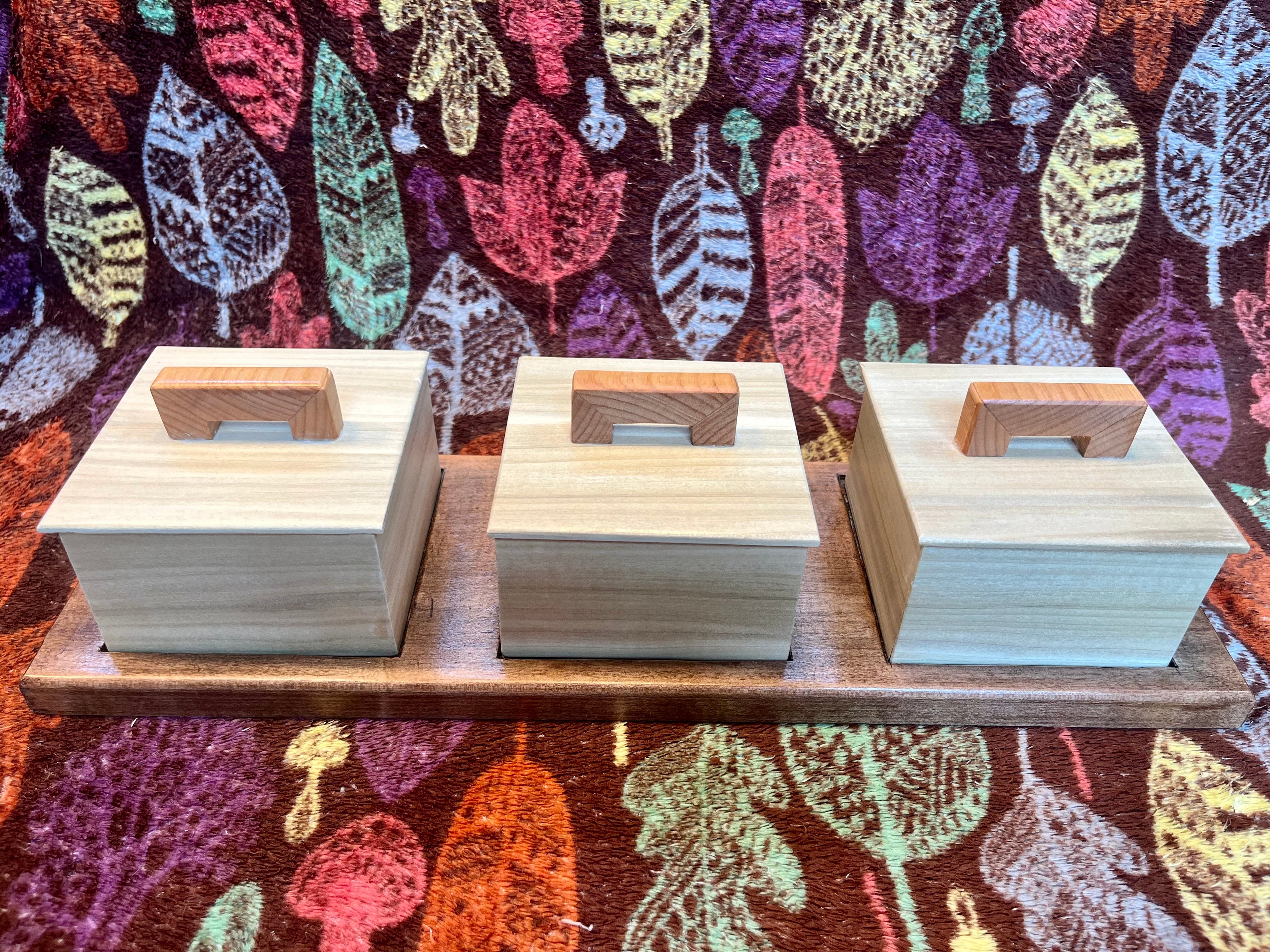 Up-cycled Wood Box Set: Poplar Boxes on Reclaimed Mahogany Tray