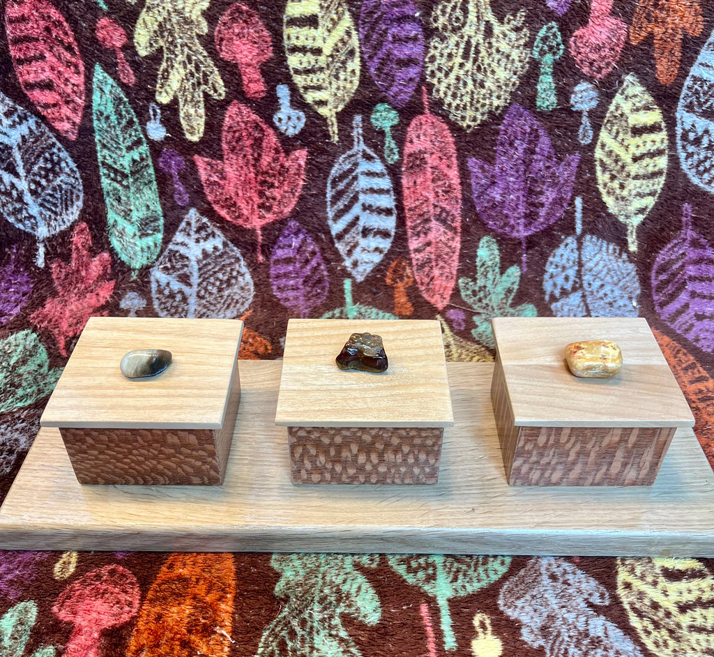 Handmade Leopardwood Box Set: Oregon Agate Pulls, Oak Tray
