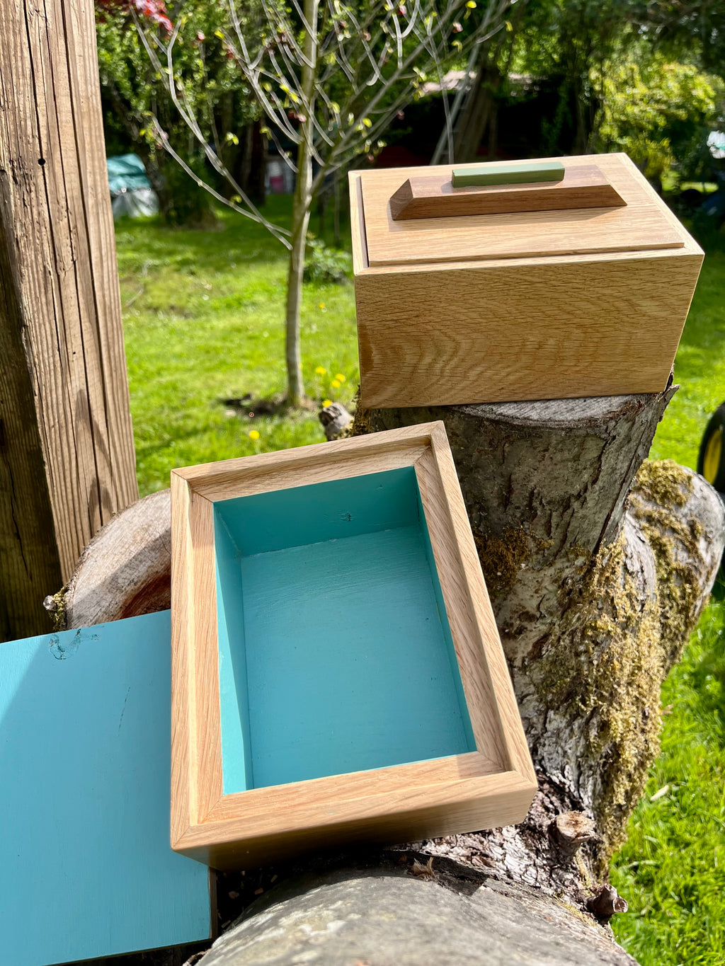 Reclaimed Oak Storage Boxes with Walnut Handles - Set of 2