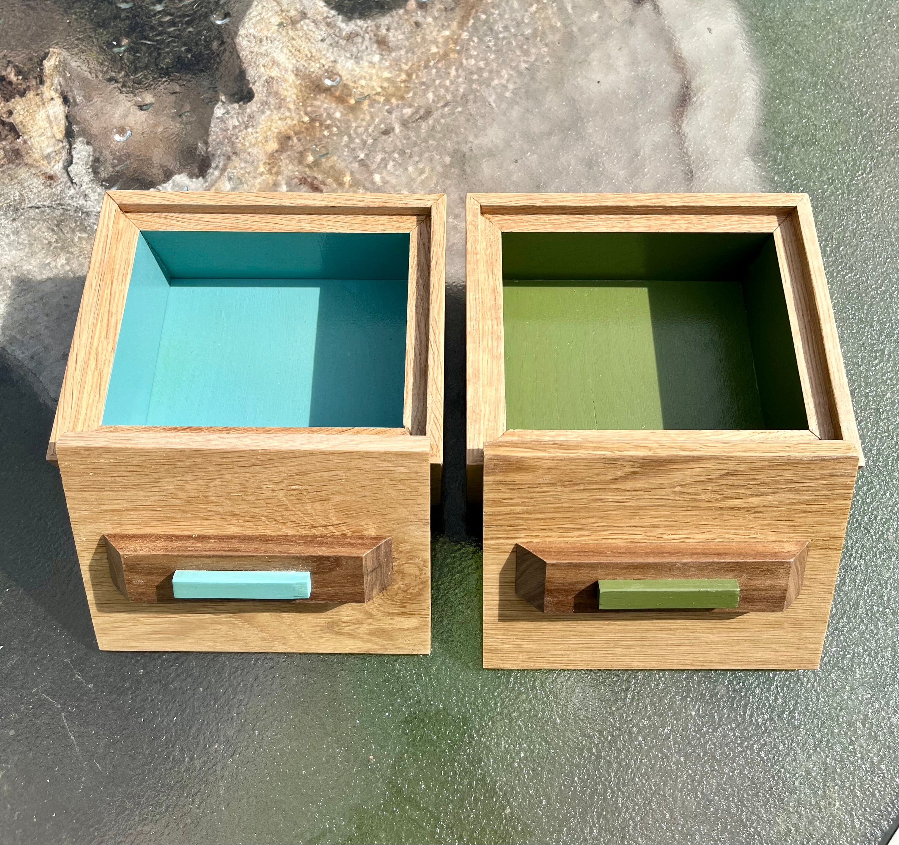 Reclaimed Oak Storage Boxes with Walnut Handles - Set of 2