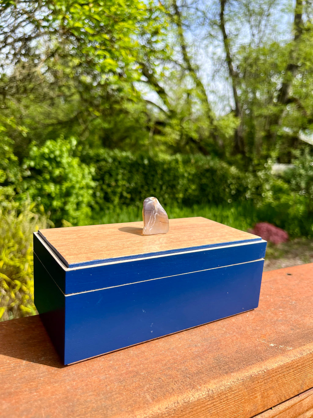 Handmade Maple Jewelry Box: Blue Milk Paint Finish, Smokey Quartz Pull