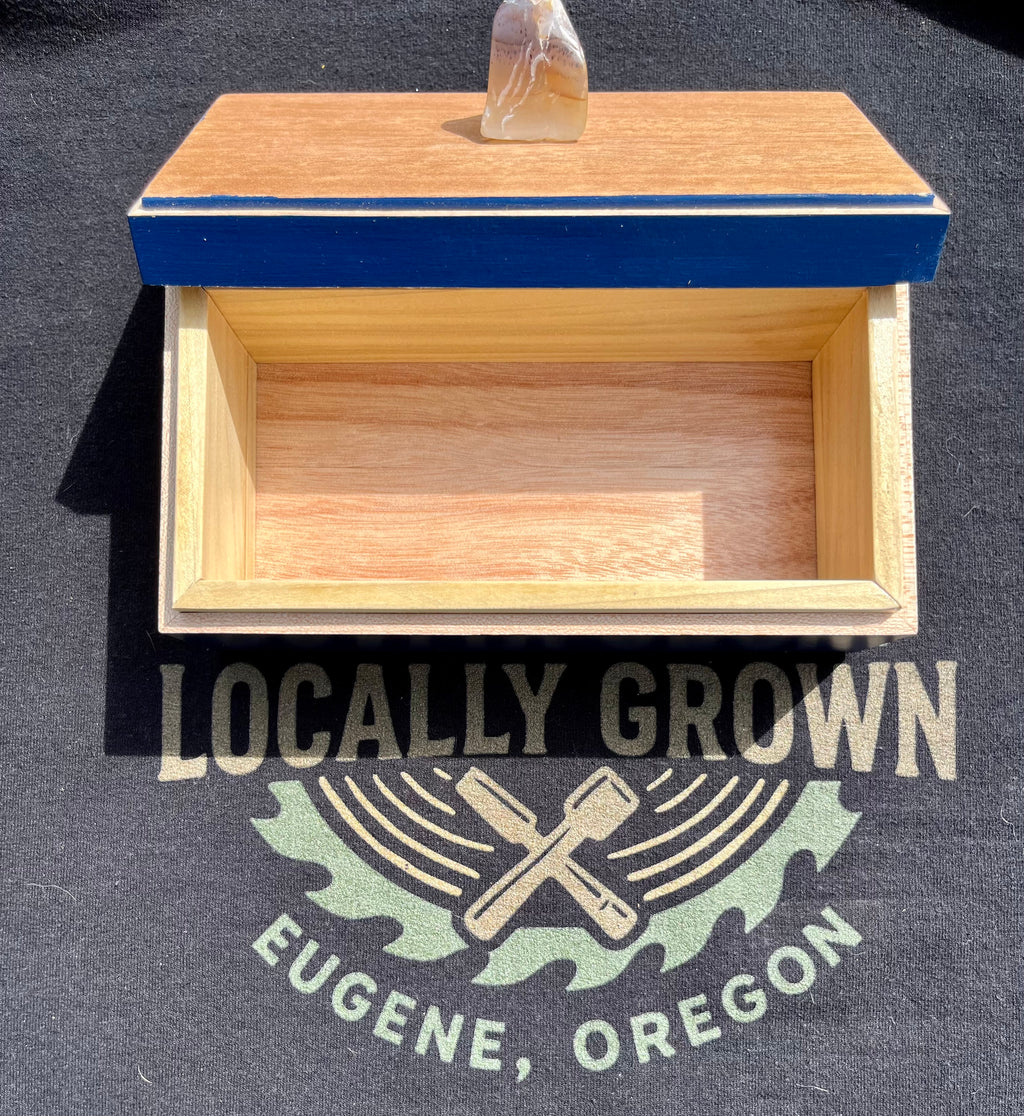 Handmade Maple Jewelry Box: Blue Milk Paint Finish, Smokey Quartz Pull