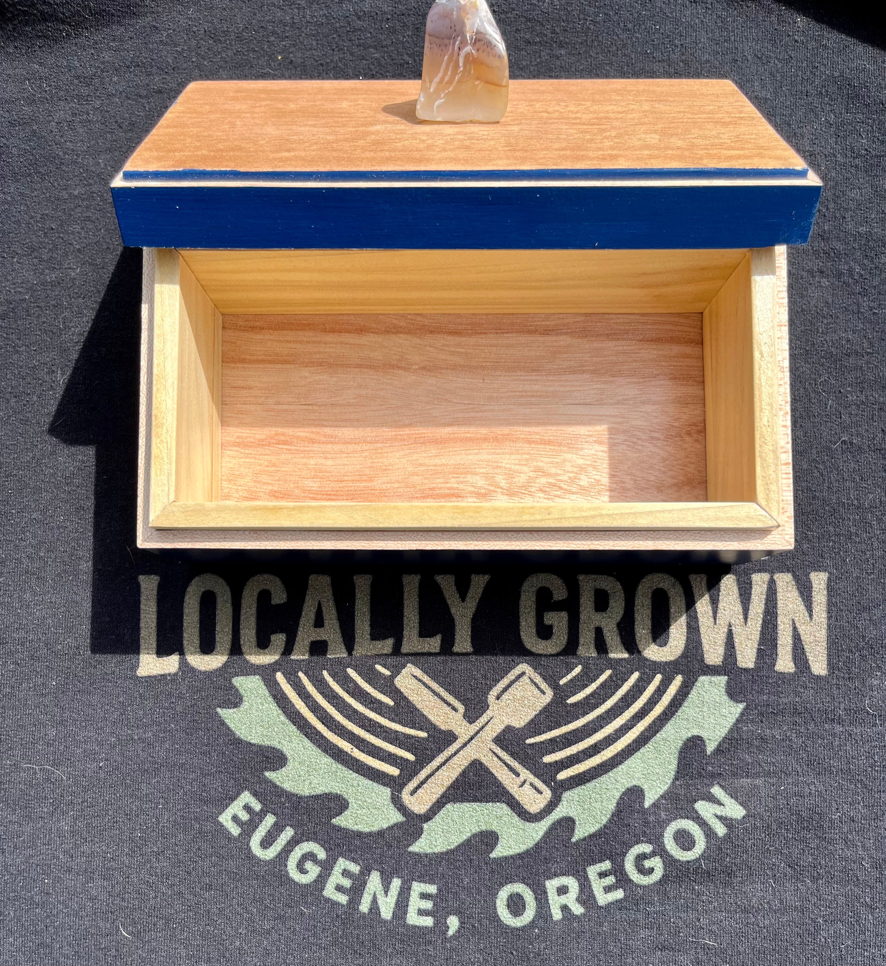 Handmade Maple Jewelry Box: Blue Milk Paint Finish, Smokey Quartz Pull