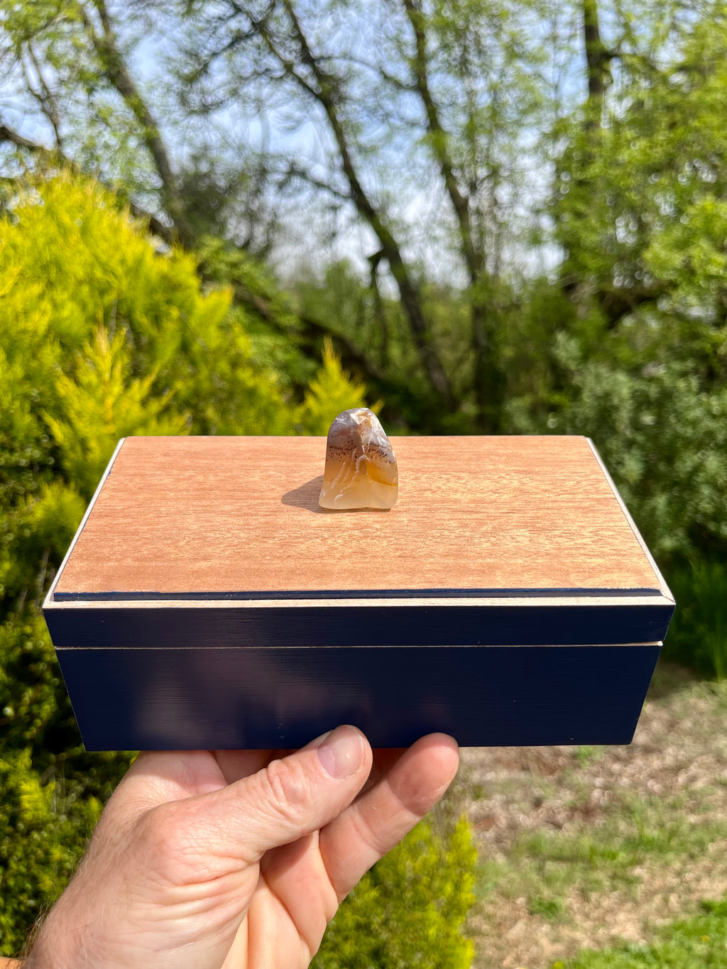 Handmade Maple Jewelry Box: Blue Milk Paint Finish, Smokey Quartz Pull