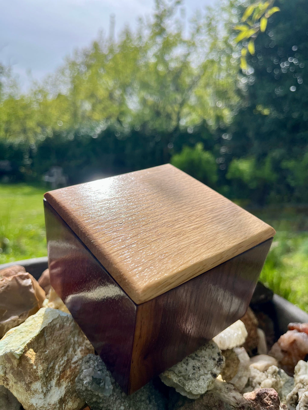 Handmade 5-Wood Keepsake Box: Black Sparkle Felt Lining, Tung Oil Finish