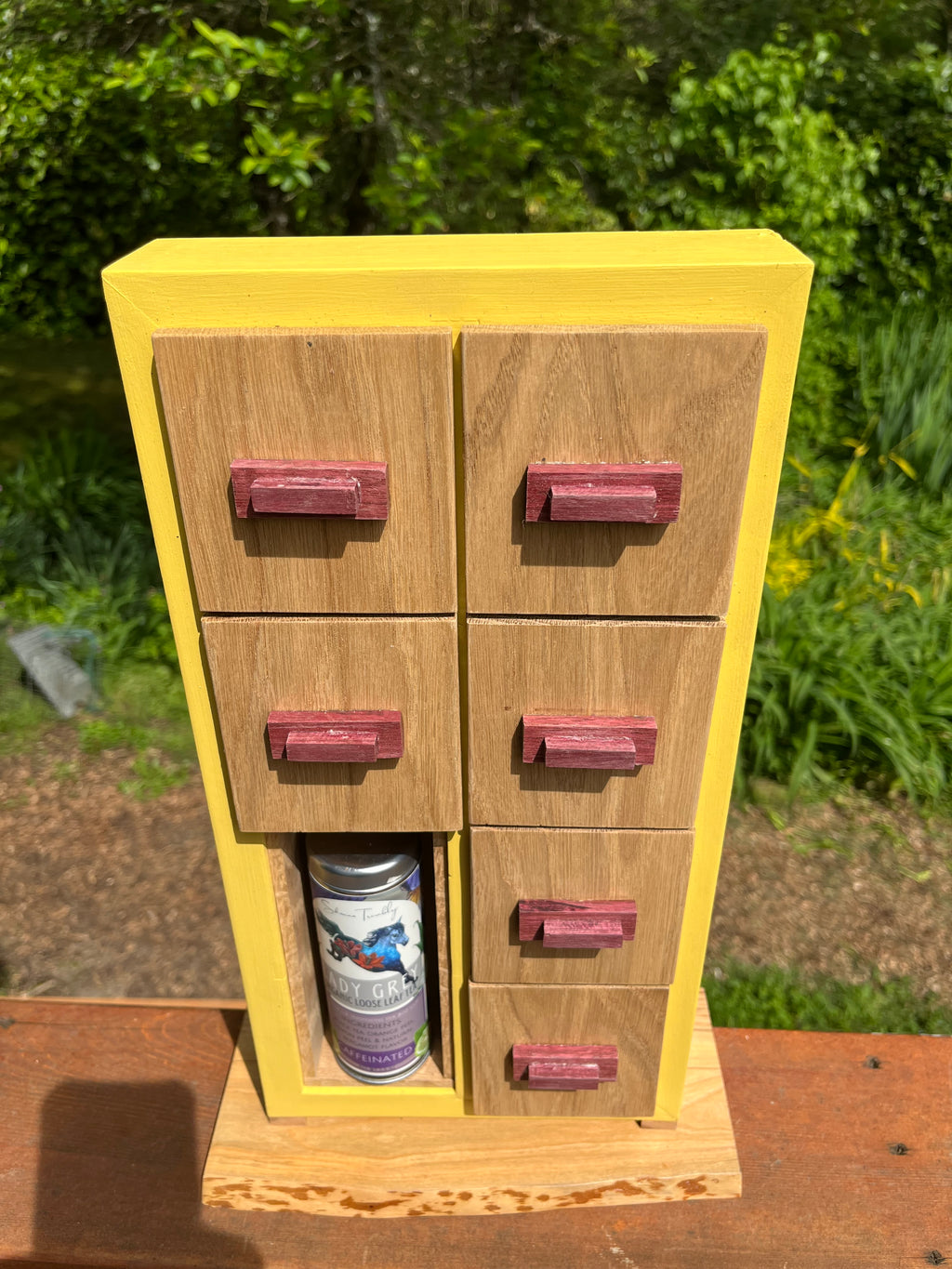 Handmade Wooden Tea Box: Oak Drawers, Purpleheart Pulls, Live Edge Ash Base