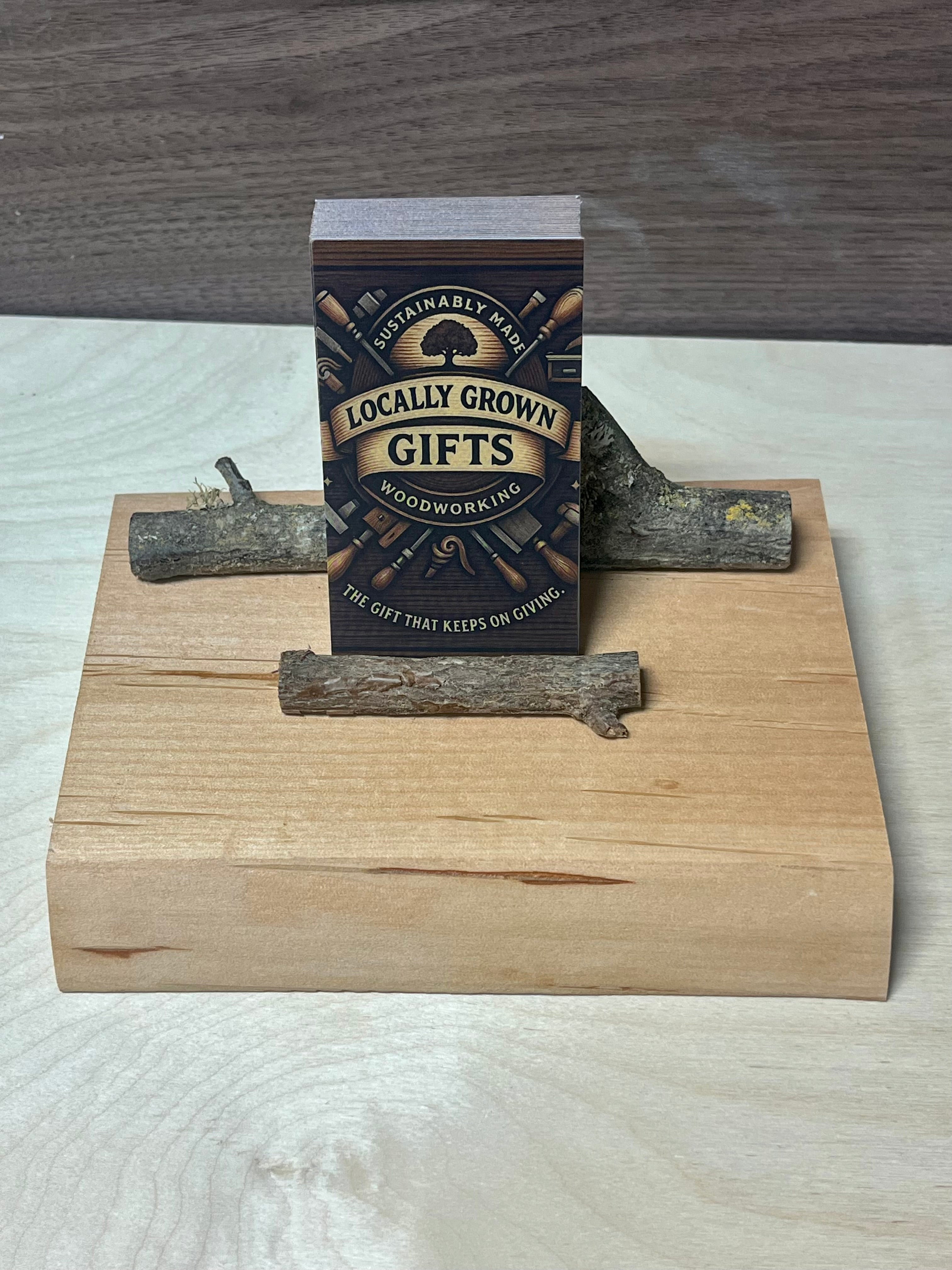 Handmade Live-Edge Plum Wood Business Card Holder | Natural Twig Desk Organizer | Rustic Office Card Display