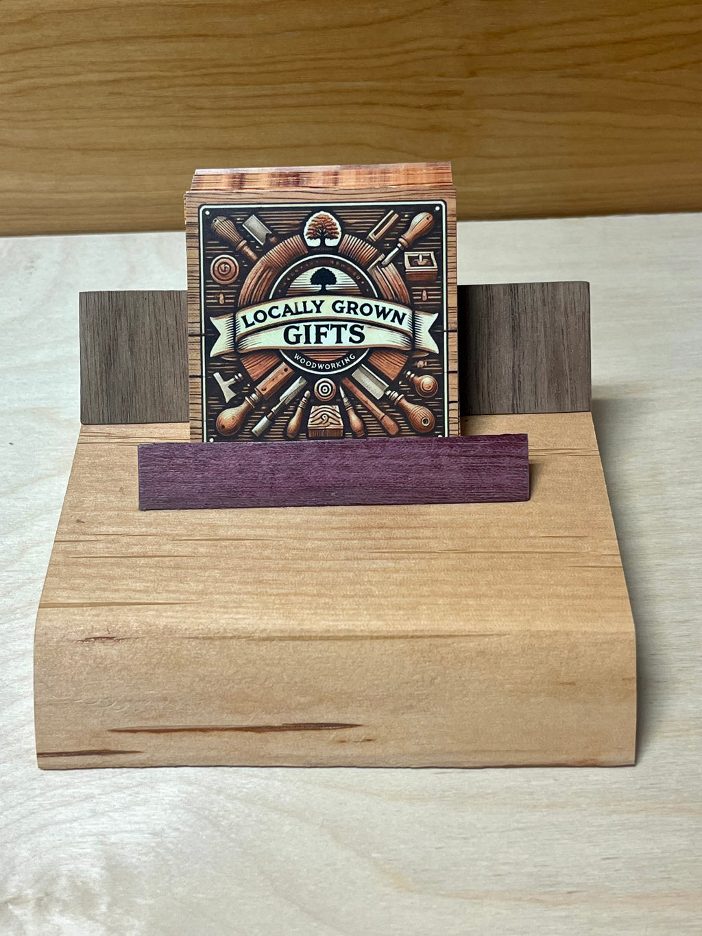 Handmade Plum Wood Business Card Holder | Walnut & Purpleheart Office Desk Display | Modern Wooden Card Stand