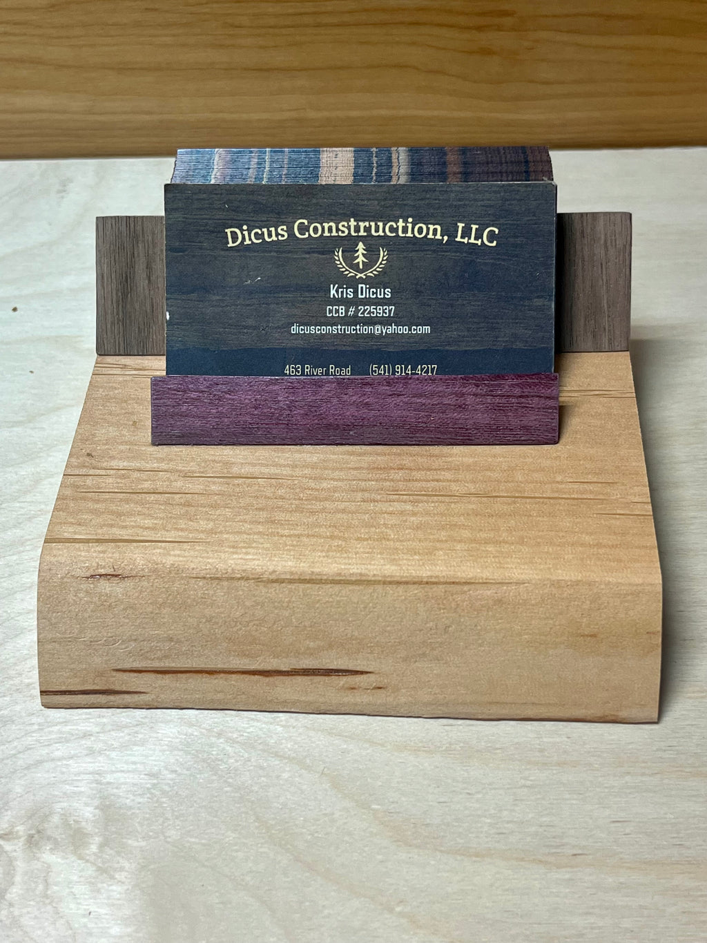 Handmade Plum Wood Business Card Holder | Walnut & Purpleheart Office Desk Display | Modern Wooden Card Stand