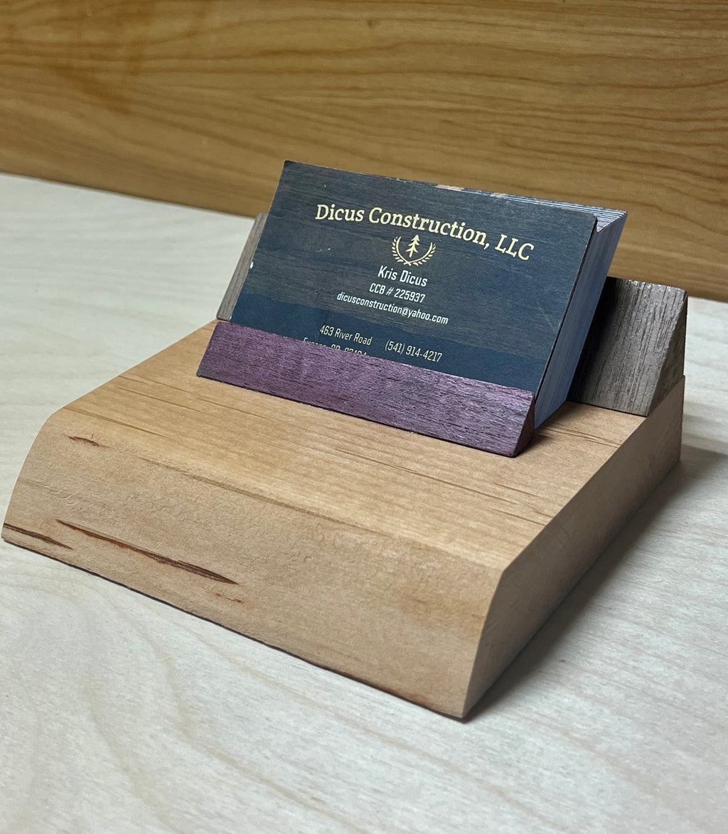 Handmade Plum Wood Business Card Holder | Walnut & Purpleheart Office Desk Display | Modern Wooden Card Stand