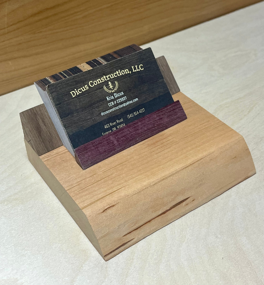 Handmade Plum Wood Business Card Holder | Walnut & Purpleheart Office Desk Display | Modern Wooden Card Stand