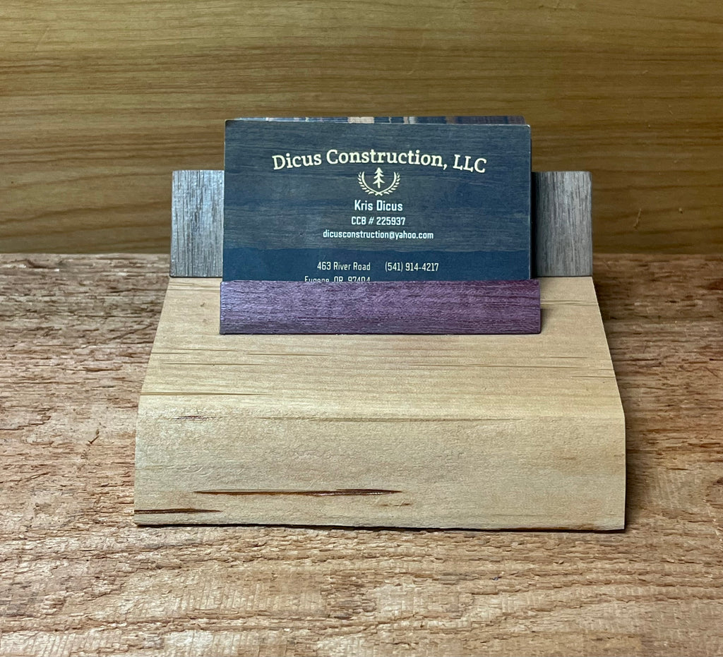 Handmade Plum Wood Business Card Holder | Walnut & Purpleheart Office Desk Display | Modern Wooden Card Stand