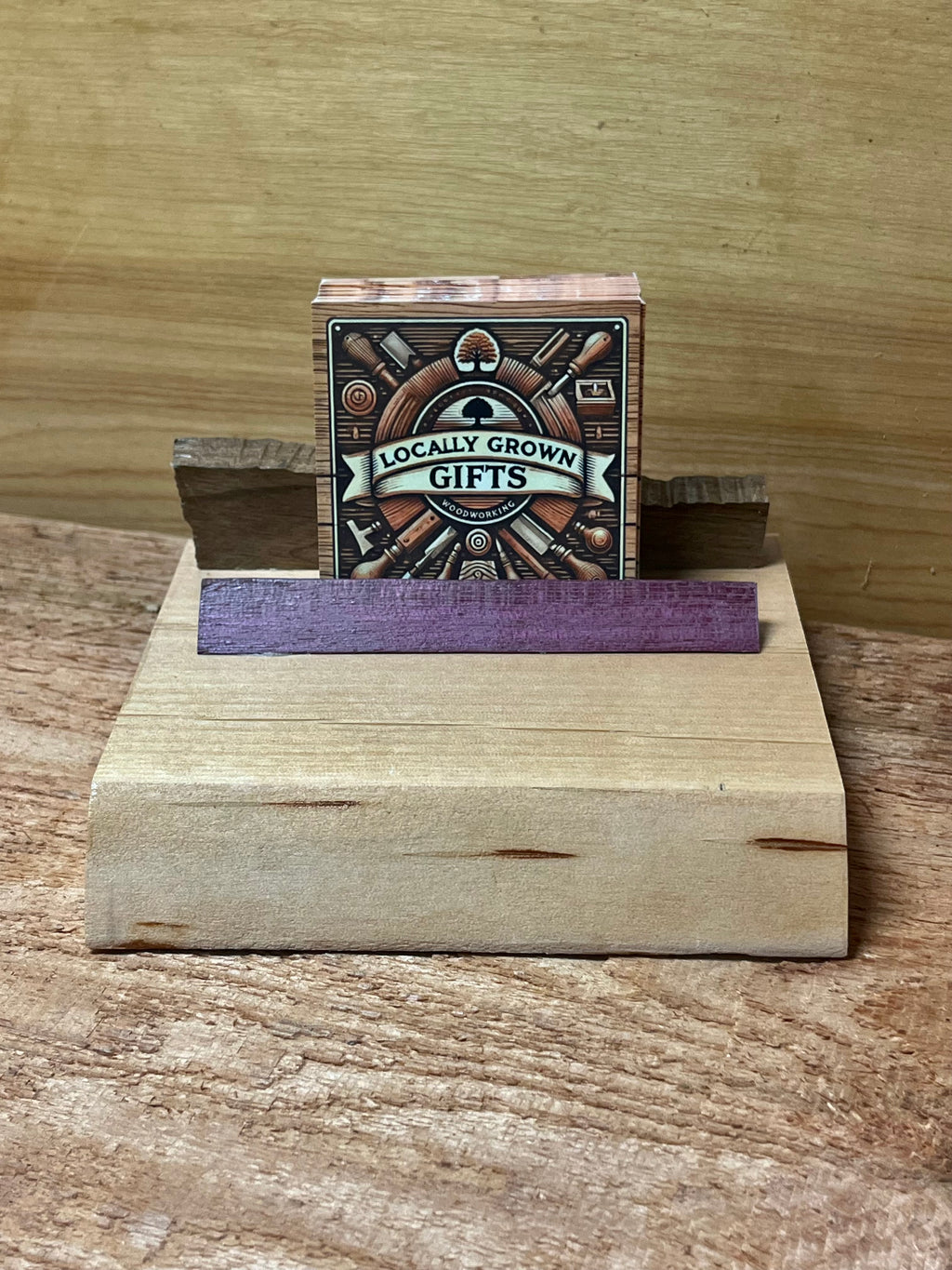 Handmade Live-Edge Plum Wood Business Card Holder | Walnut & Purpleheart Desk Organizer | One-of-a-Kind Office Display