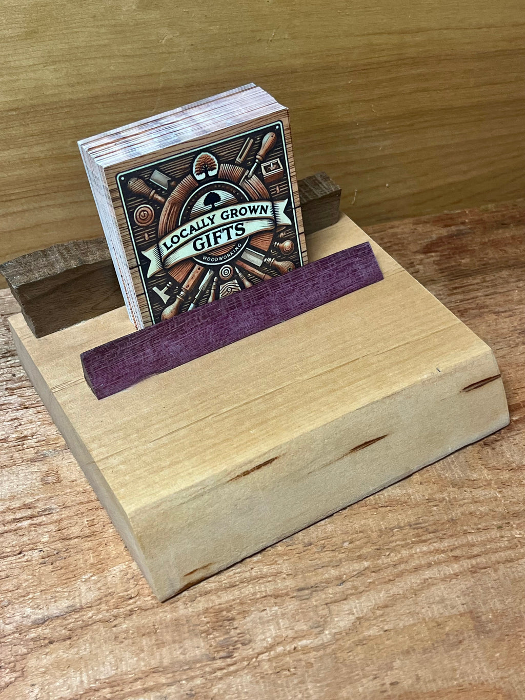 Handmade Live-Edge Plum Wood Business Card Holder | Walnut & Purpleheart Desk Organizer | One-of-a-Kind Office Display
