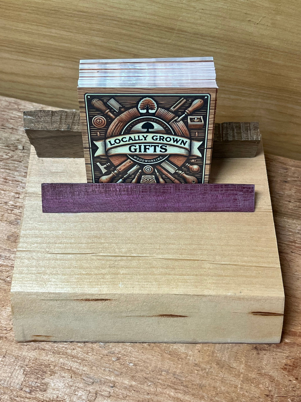 Handmade Live-Edge Plum Wood Business Card Holder | Walnut & Purpleheart Desk Organizer | One-of-a-Kind Office Display