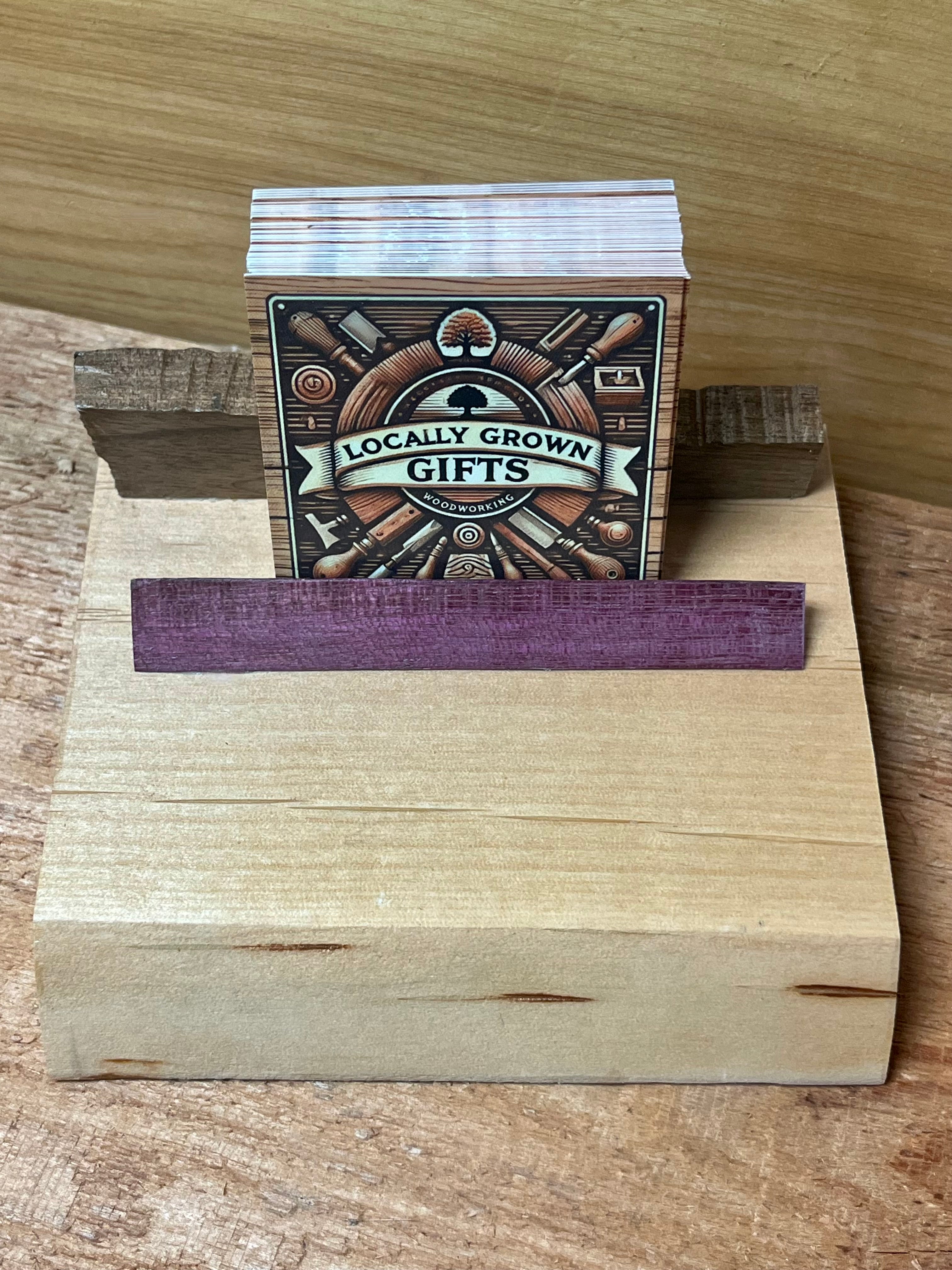 Handmade Live-Edge Plum Wood Business Card Holder | Walnut & Purpleheart Desk Organizer | One-of-a-Kind Office Display