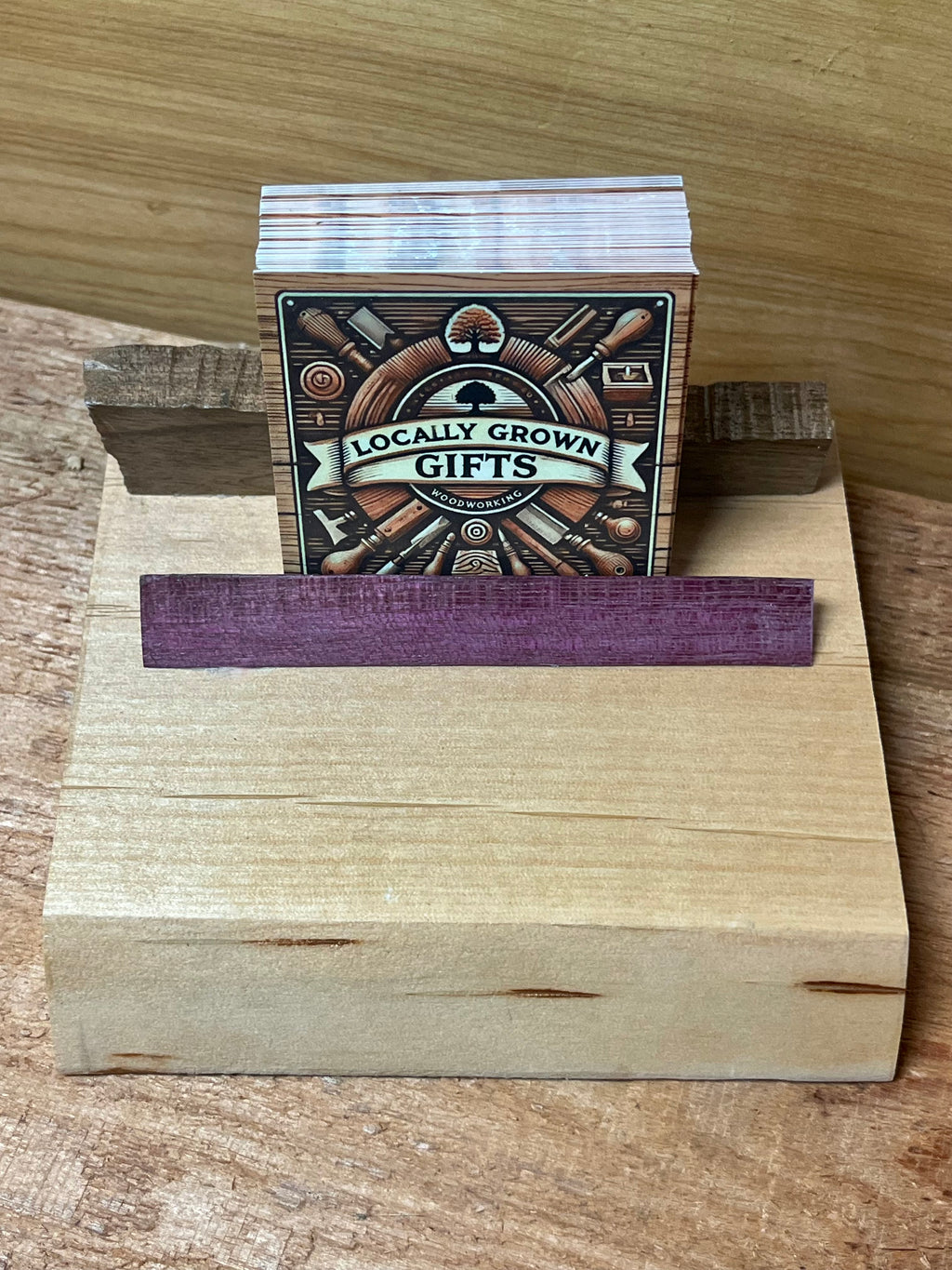 Handmade Live-Edge Plum Wood Business Card Holder | Walnut & Purpleheart Desk Organizer | One-of-a-Kind Office Display