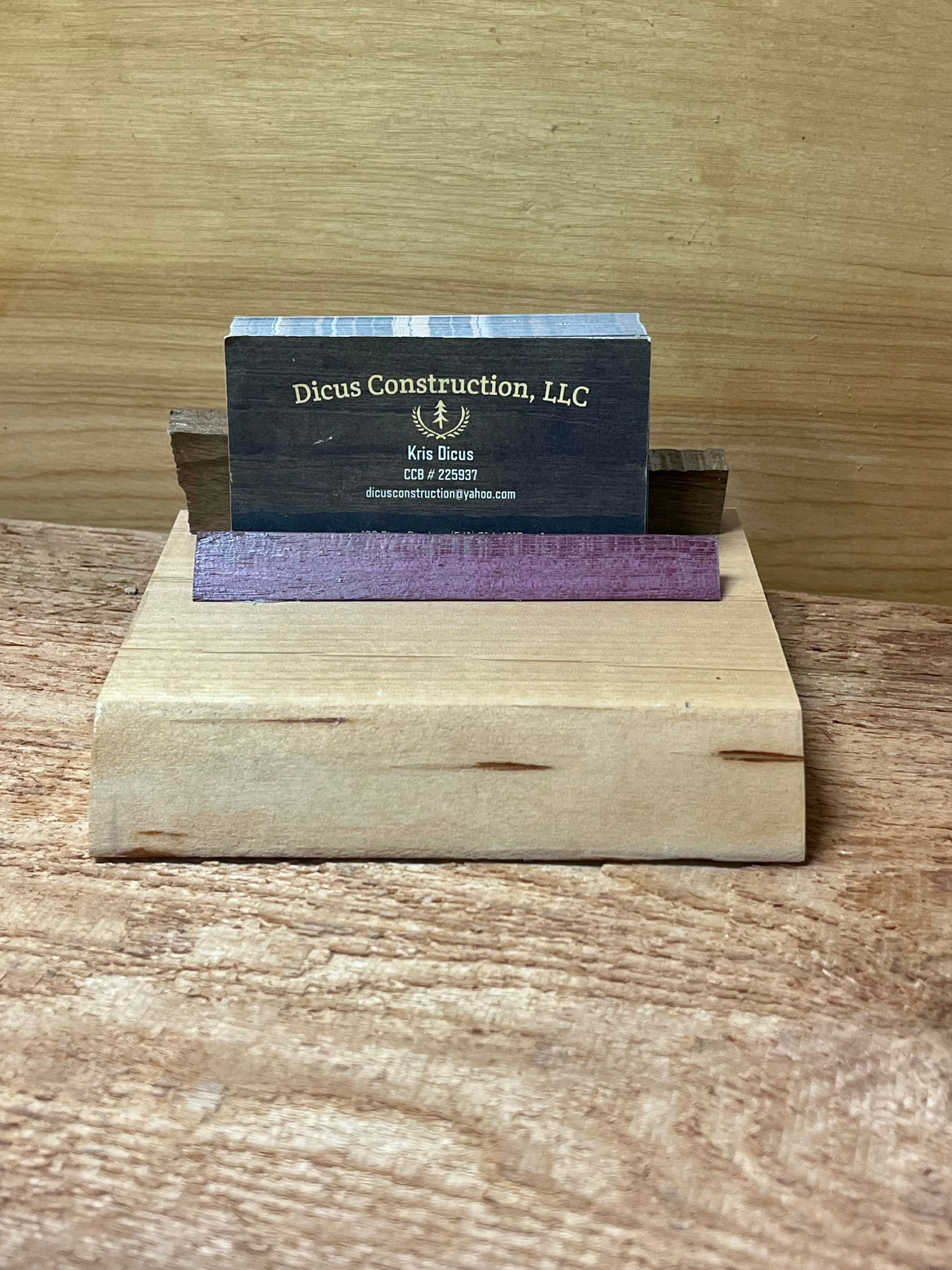 Handmade Live-Edge Plum Wood Business Card Holder | Walnut & Purpleheart Desk Organizer | One-of-a-Kind Office Display