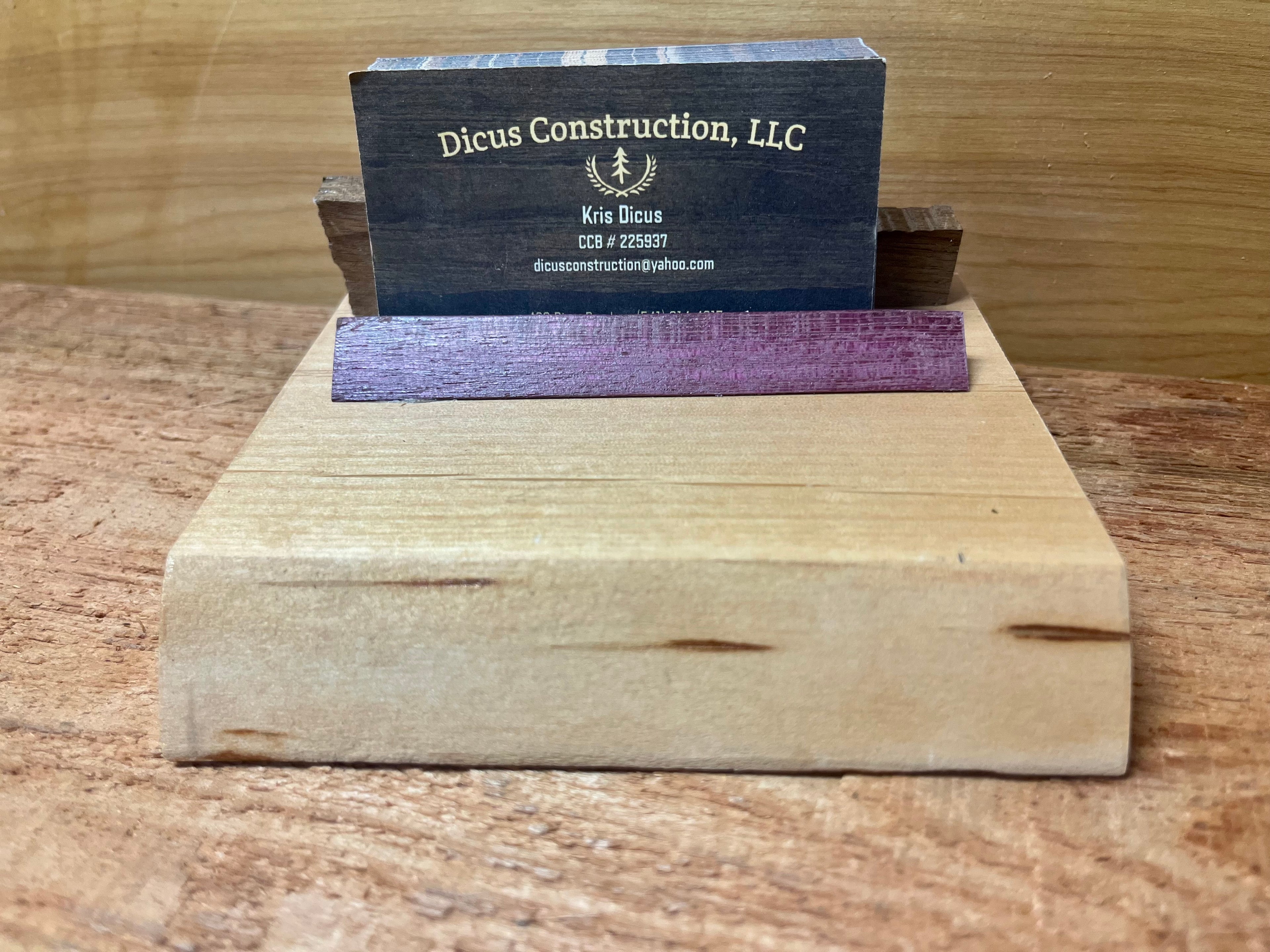 Handmade Live-Edge Plum Wood Business Card Holder | Walnut & Purpleheart Desk Organizer | One-of-a-Kind Office Display
