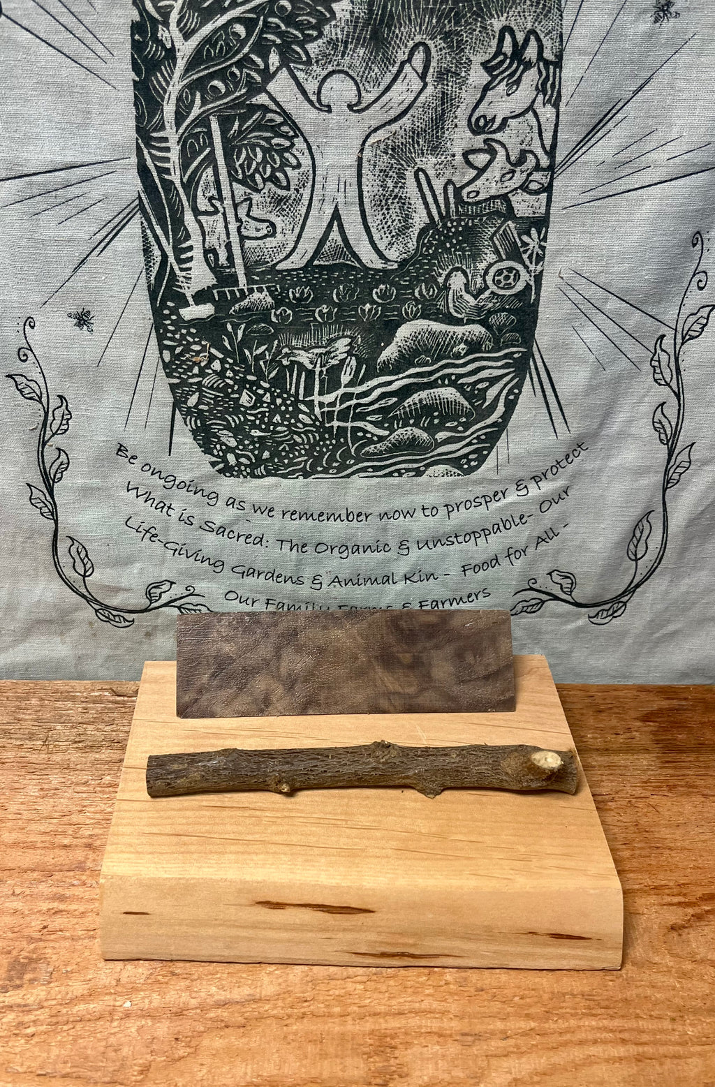 Handmade Live-Edge Plum Wood Business Card Holder | Walnut & Natural Twig Card Display | Rustic Office Desk Organizer