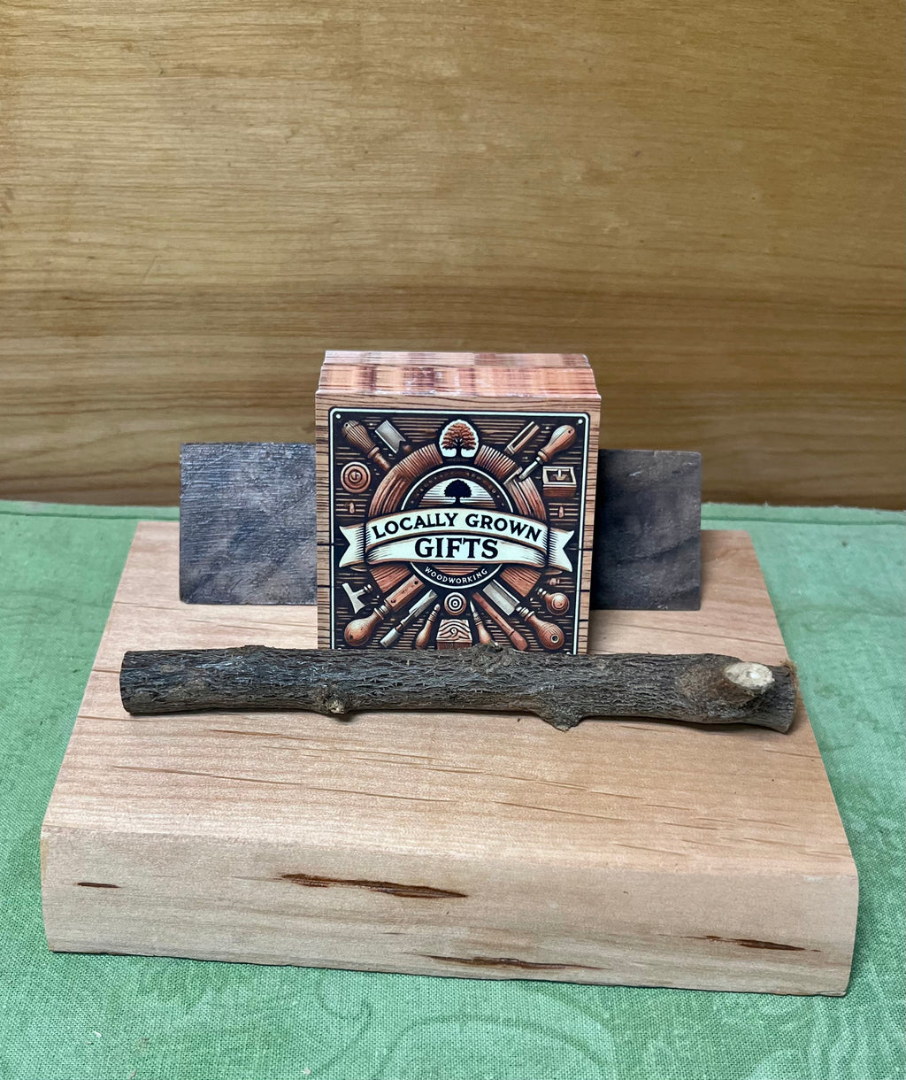 Handmade Live-Edge Plum Wood Business Card Holder | Walnut & Natural Twig Card Display | Rustic Office Desk Organizer