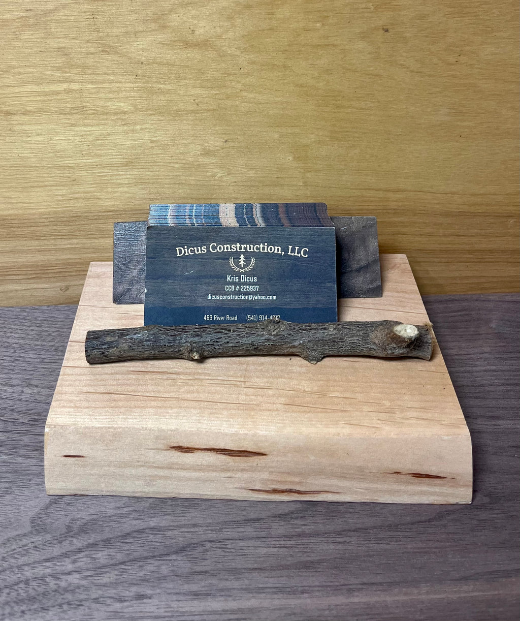Handmade Live-Edge Plum Wood Business Card Holder | Walnut & Natural Twig Card Display | Rustic Office Desk Organizer