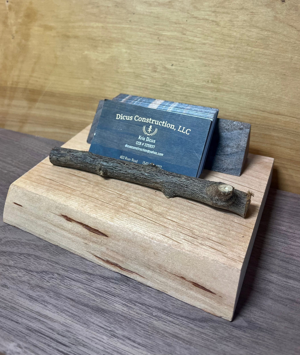 Handmade Live-Edge Plum Wood Business Card Holder | Walnut & Natural Twig Card Display | Rustic Office Desk Organizer