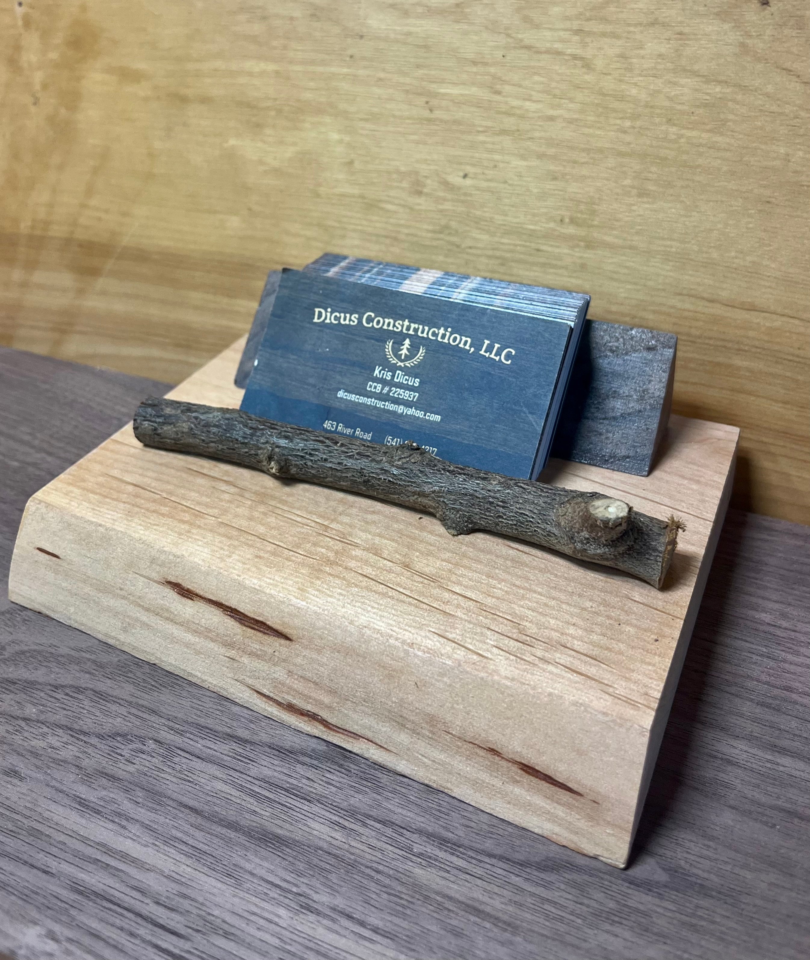 Handmade Live-Edge Plum Wood Business Card Holder | Walnut & Natural Twig Card Display | Rustic Office Desk Organizer