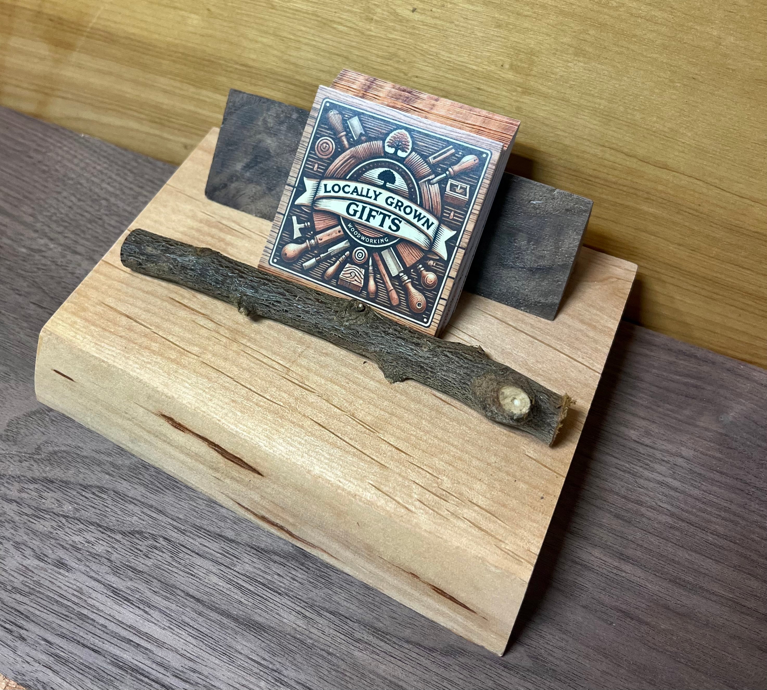 Handmade Live-Edge Plum Wood Business Card Holder | Walnut & Natural Twig Card Display | Rustic Office Desk Organizer