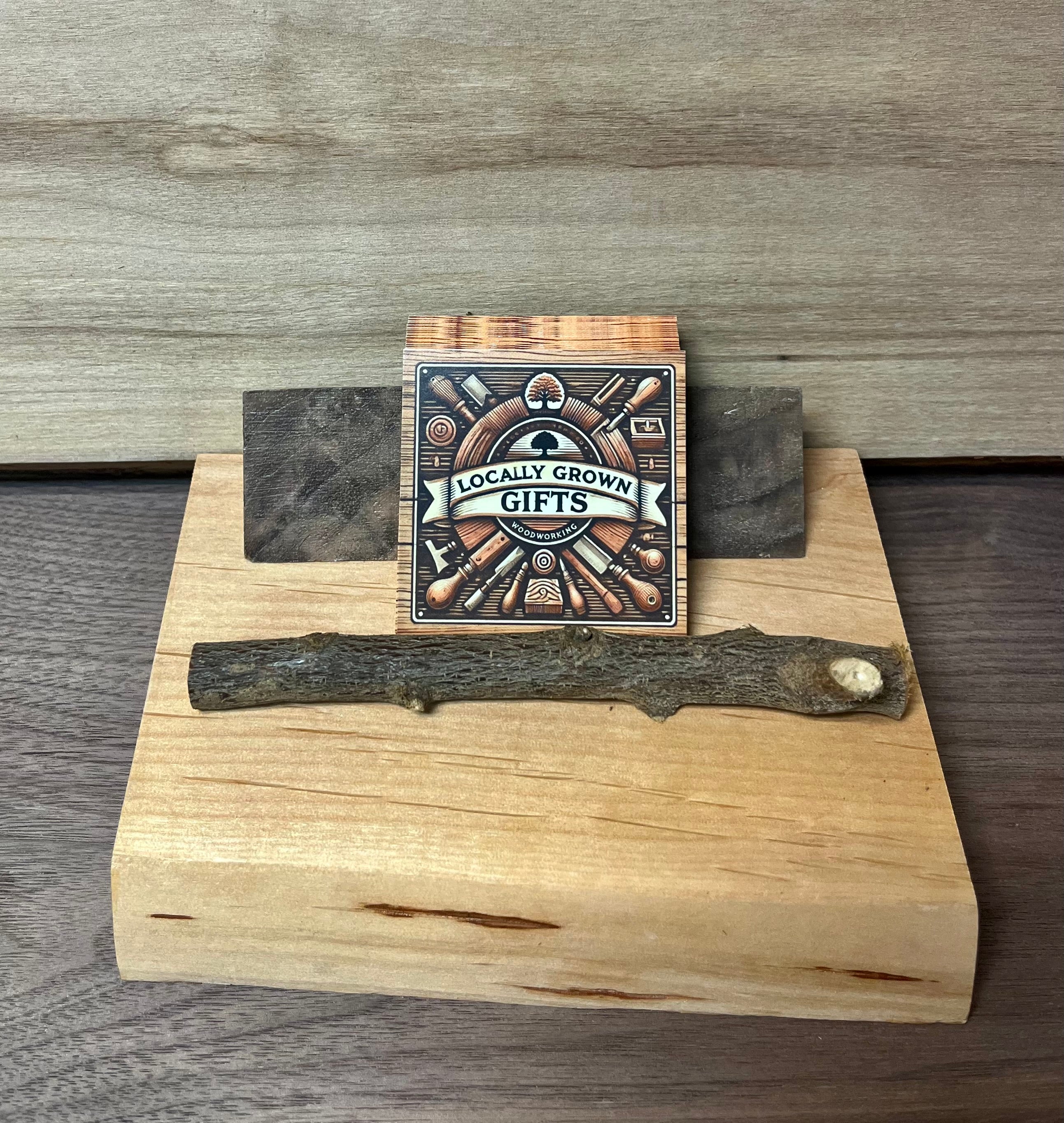 Handmade Live-Edge Plum Wood Business Card Holder | Walnut & Natural Twig Card Display | Rustic Office Desk Organizer