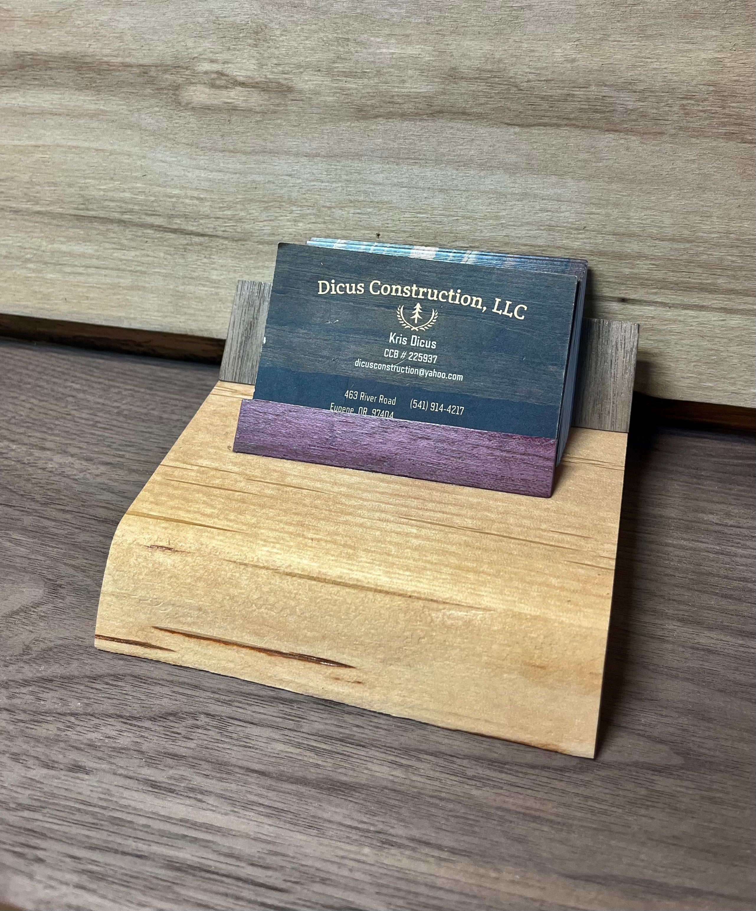 Handmade Plum Wood Business Card Holder | Walnut & Purpleheart Office Desk Display | Modern Wooden Card Stand