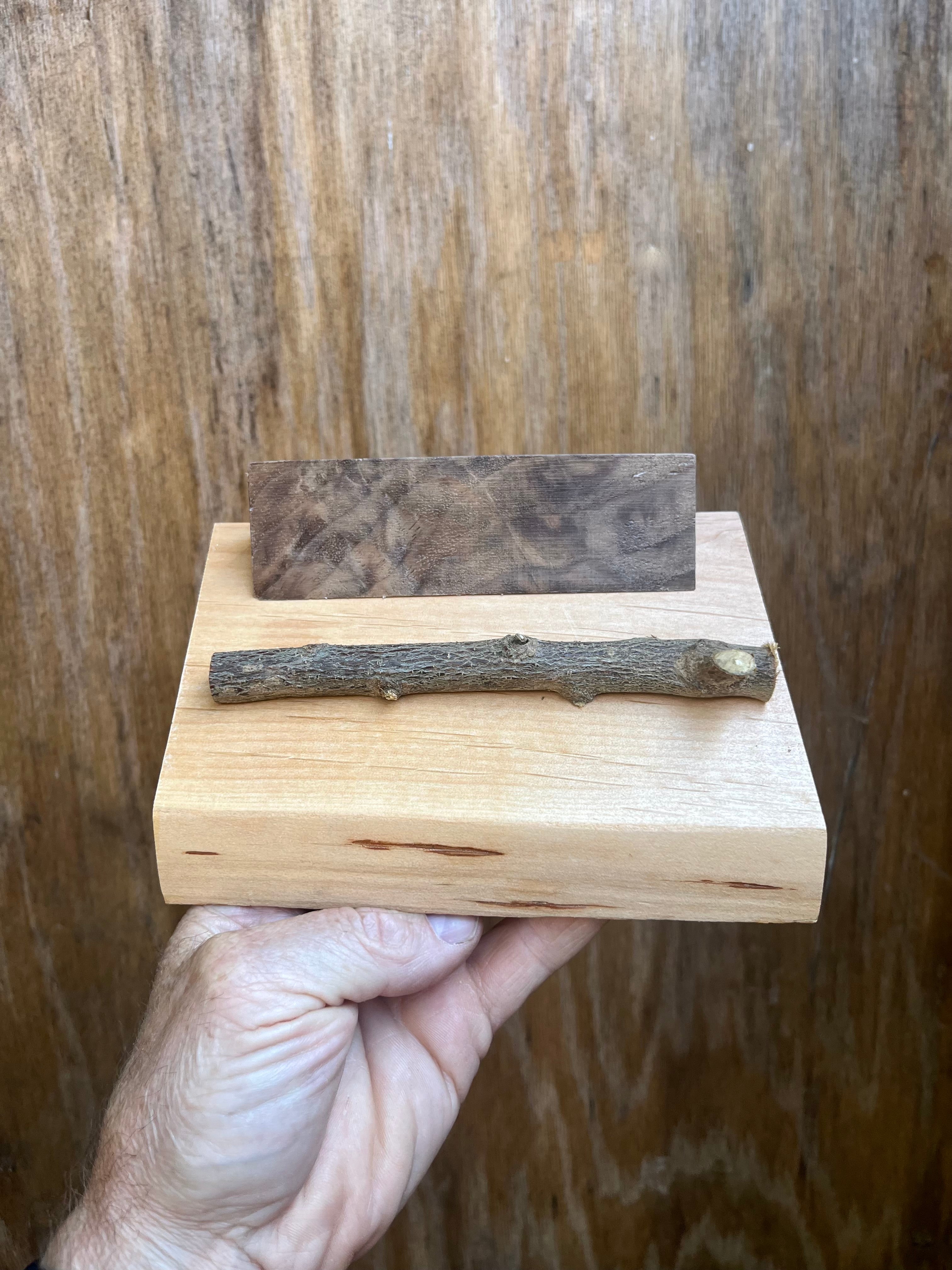 Handmade Live-Edge Plum Wood Business Card Holder | Walnut & Natural Twig Card Display | Rustic Office Desk Organizer