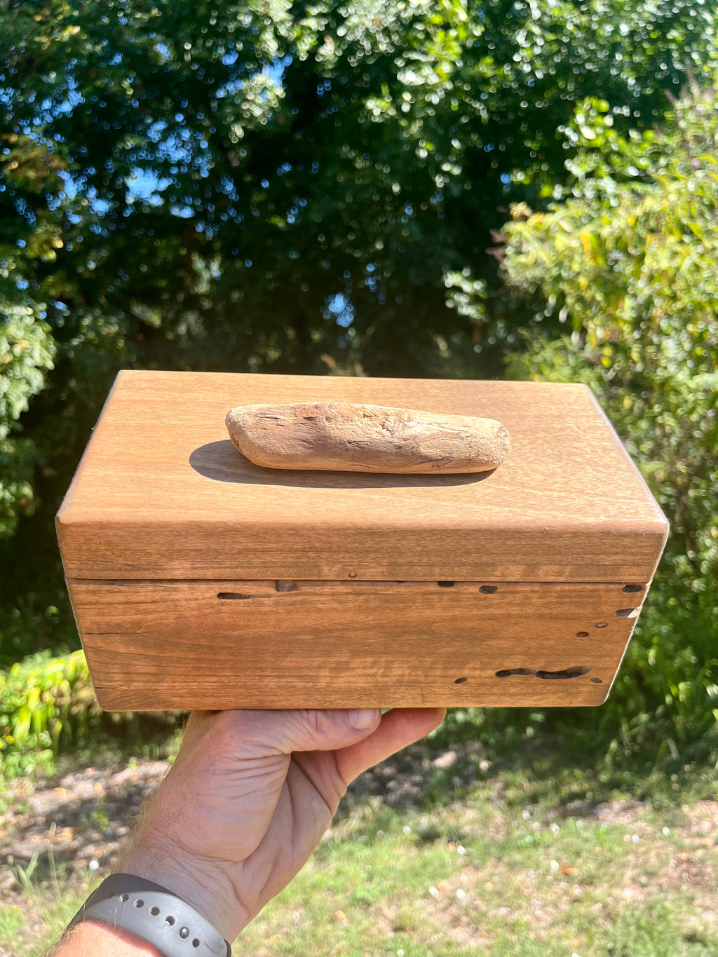 A hand holding a rectangular wooden box outdoors, with a small natural wood piece resting on top of the lid. The background shows green trees and grass in bright daylight.