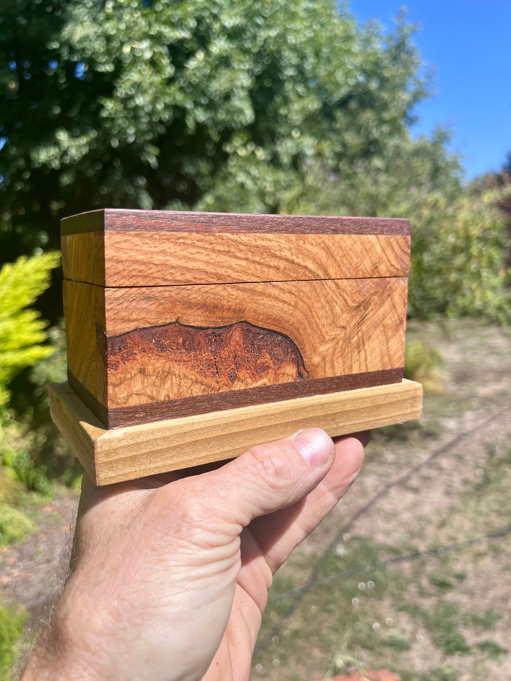 Oregon Oak & Walnut Keepsake Box | One-of-a-Kind | Hinged Lid | Green Felt Lined