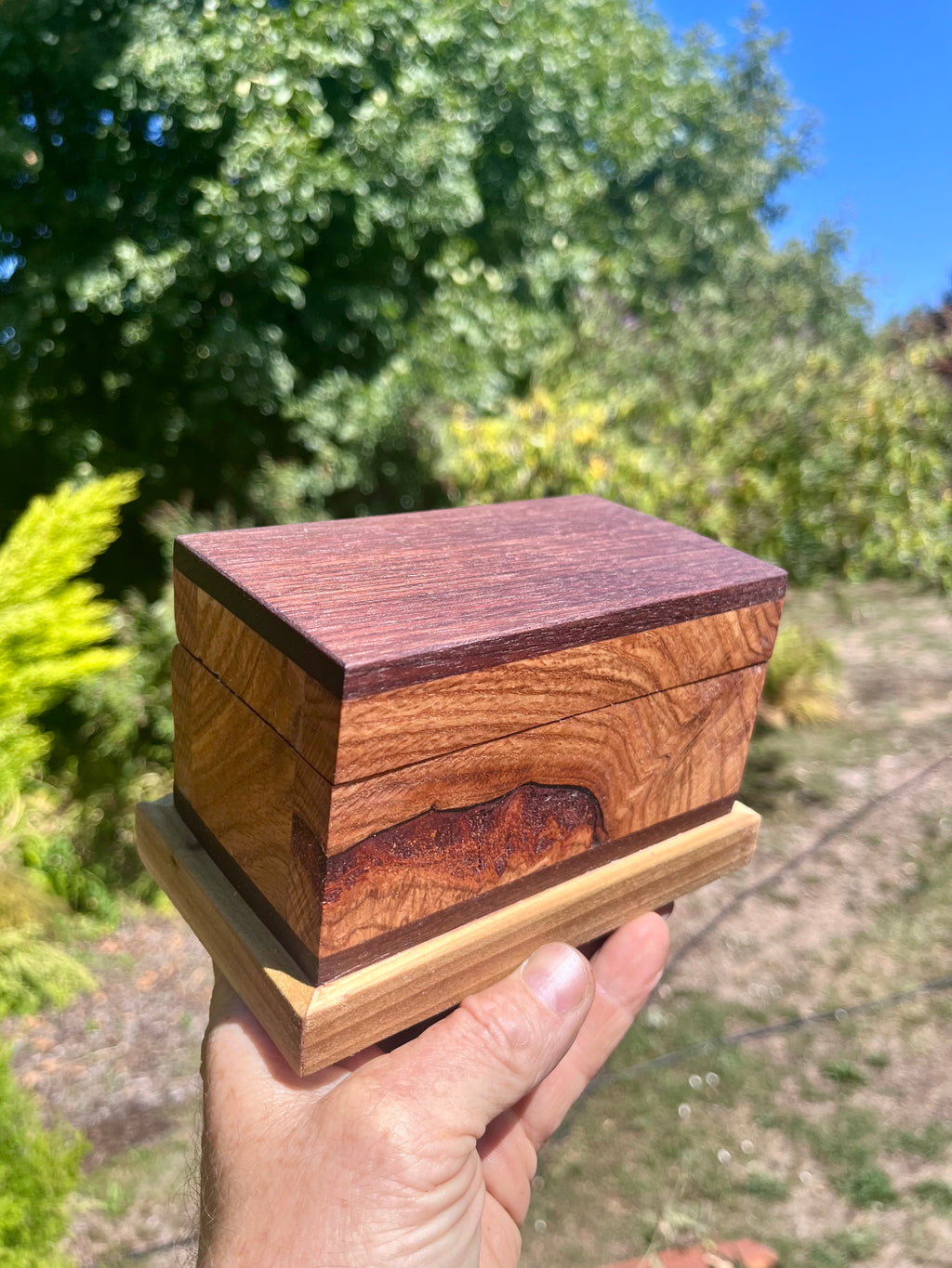 Oregon Oak & Walnut Keepsake Box | One-of-a-Kind | Hinged Lid | Green Felt Lined