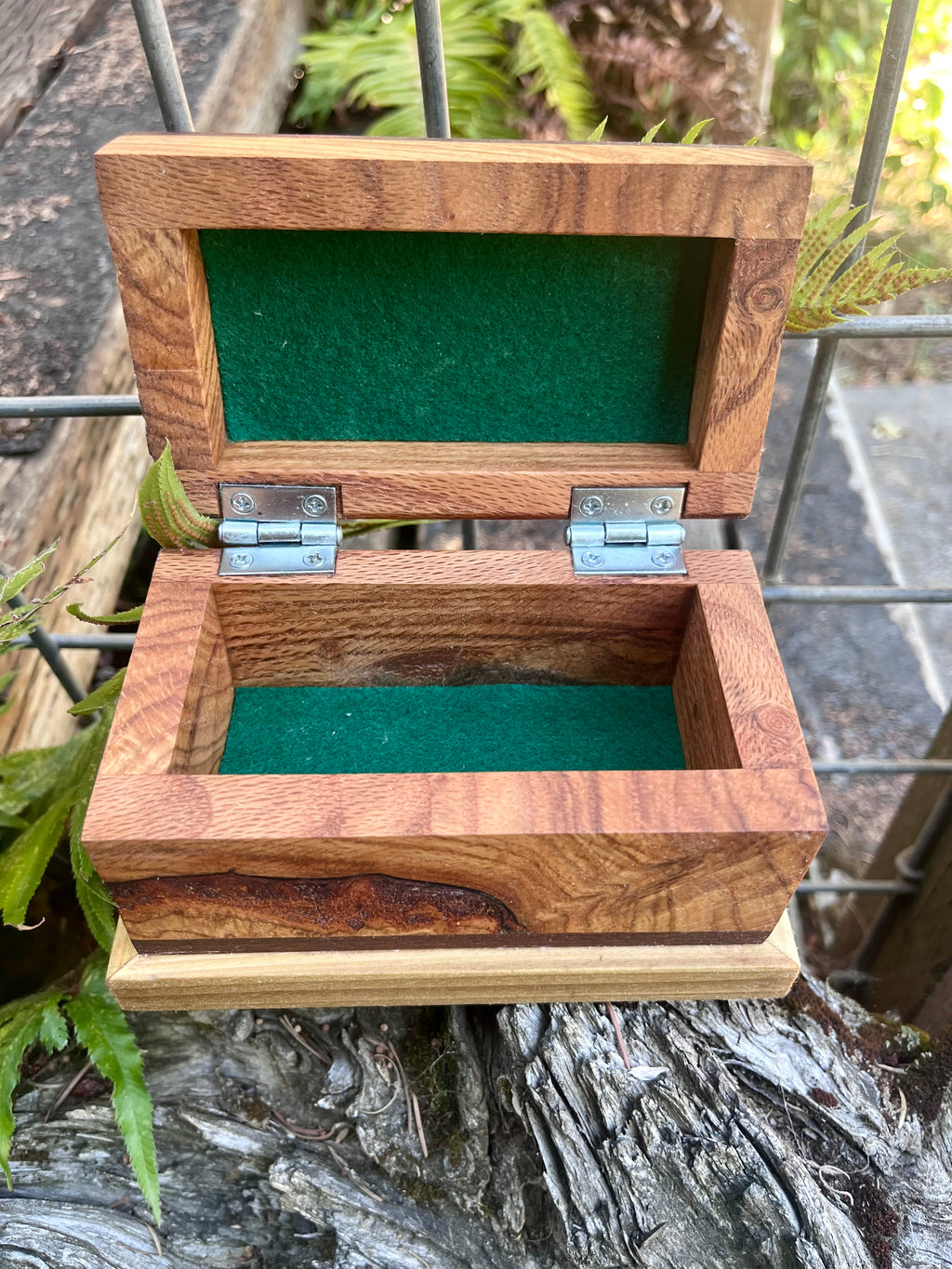 Oregon Oak & Walnut Keepsake Box | One-of-a-Kind | Hinged Lid | Green Felt Lined