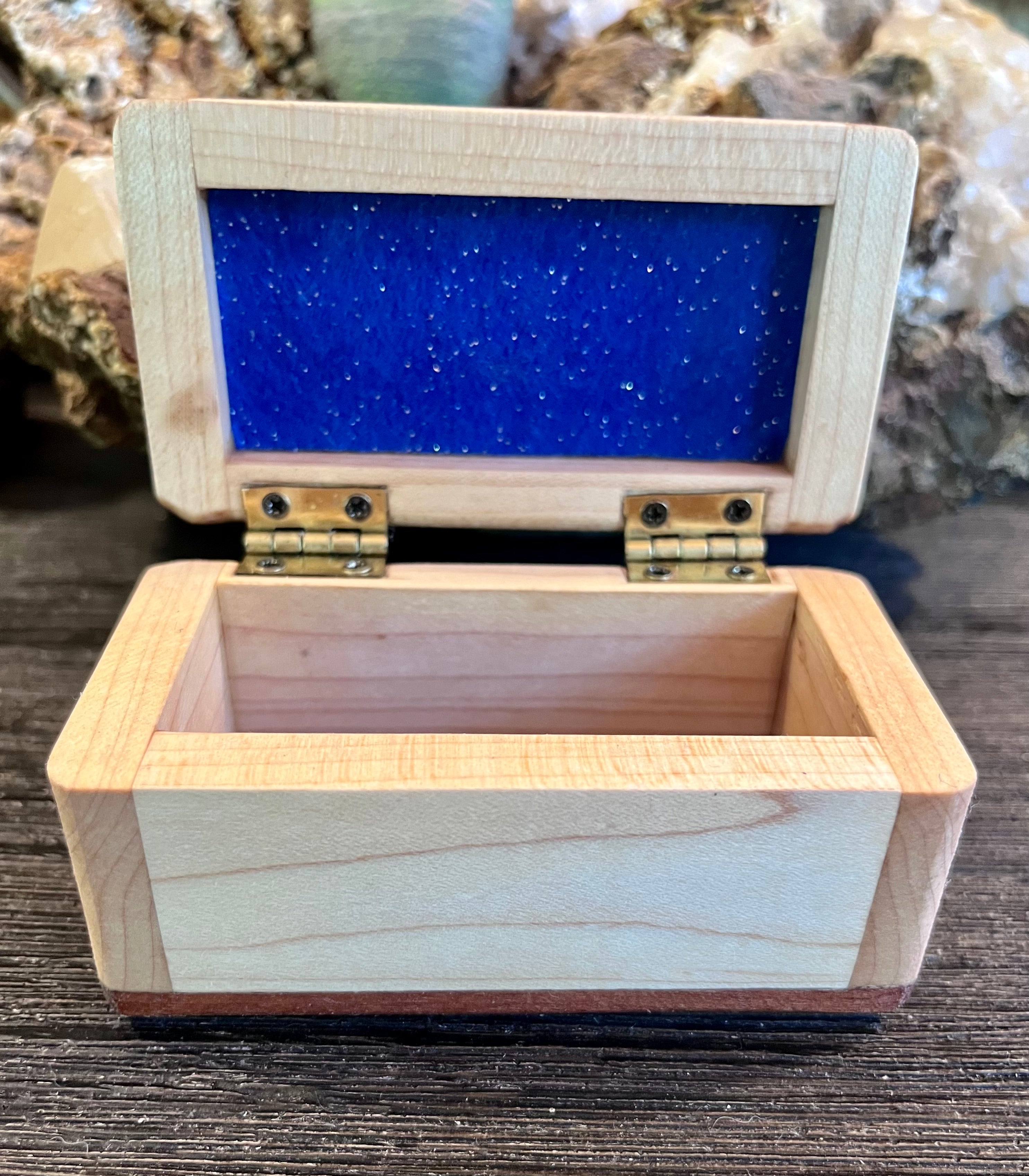 Maple & Sapele Small Keepsake Box | Blue Felt Lined | Brass Hinges | Handmade in Oregon